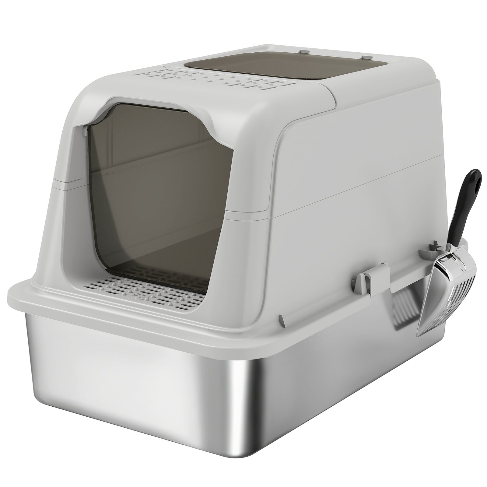 Extra Large Stainless Steel Litter Box, Enclosed Cat Litter Tray with Scoop, Deodorizer Bag, Front-Entry and Top-Exit