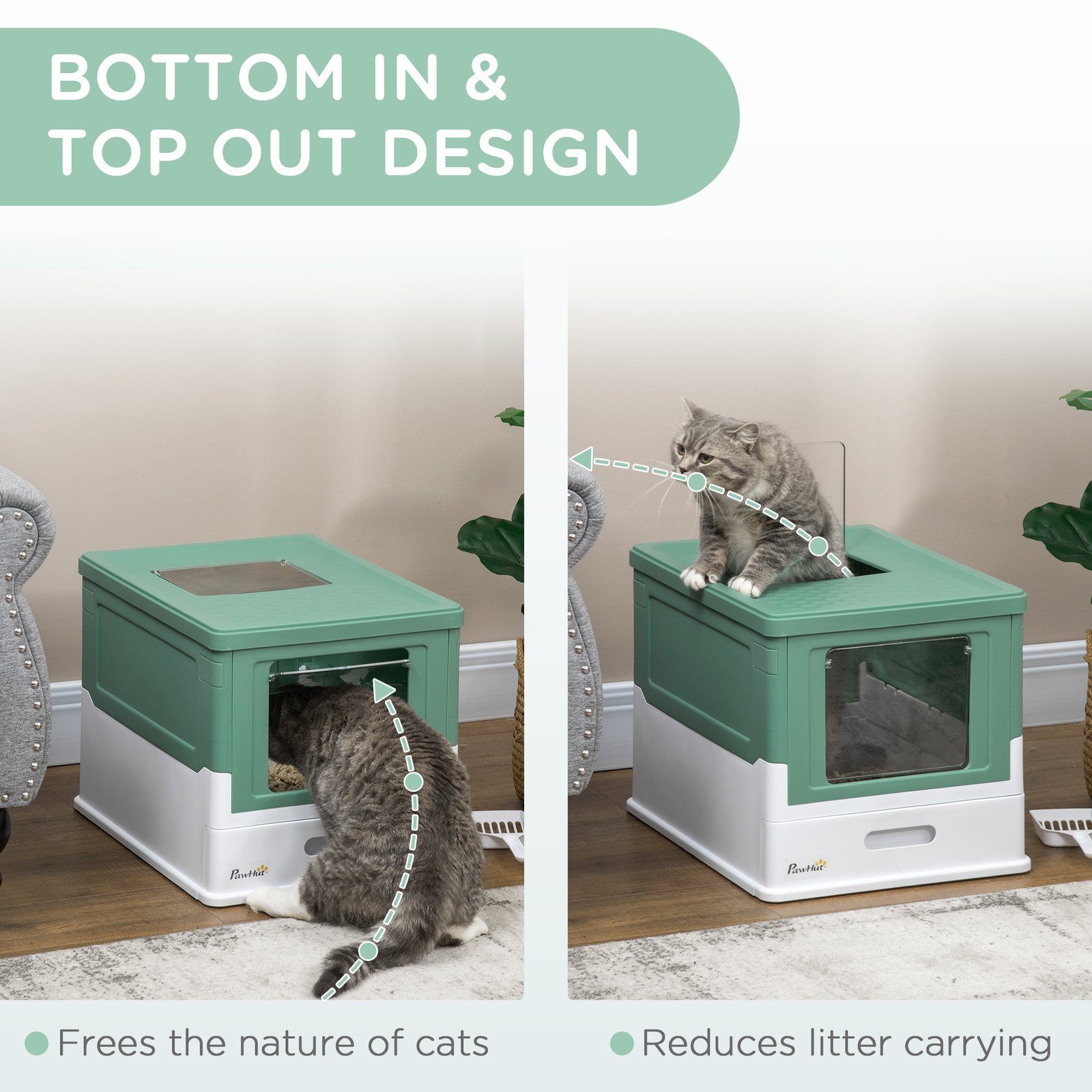 Hooded Cat Litter Box, Portable Pet Toilet, with Scoop, Front Entry - Green
