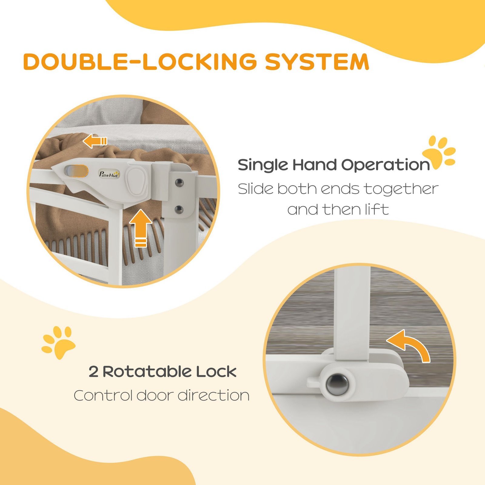 Pressure Fit Stair Gate, Dog Gate w/ Small Cat Door, Auto Closing System, Double Locking Openings, 74-80cm - White - Image 5