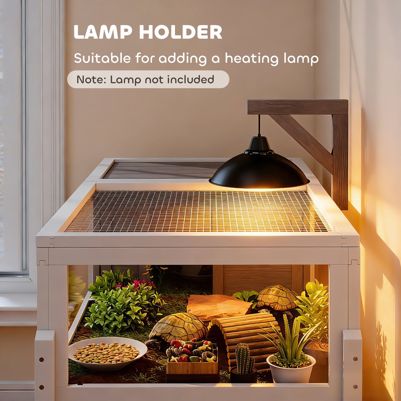Wooden Tortoise House with Dual-Zone Habitat, Clear Panels, Openable Top, Metal Mesh, for Tortoises and Small Pets, Grey