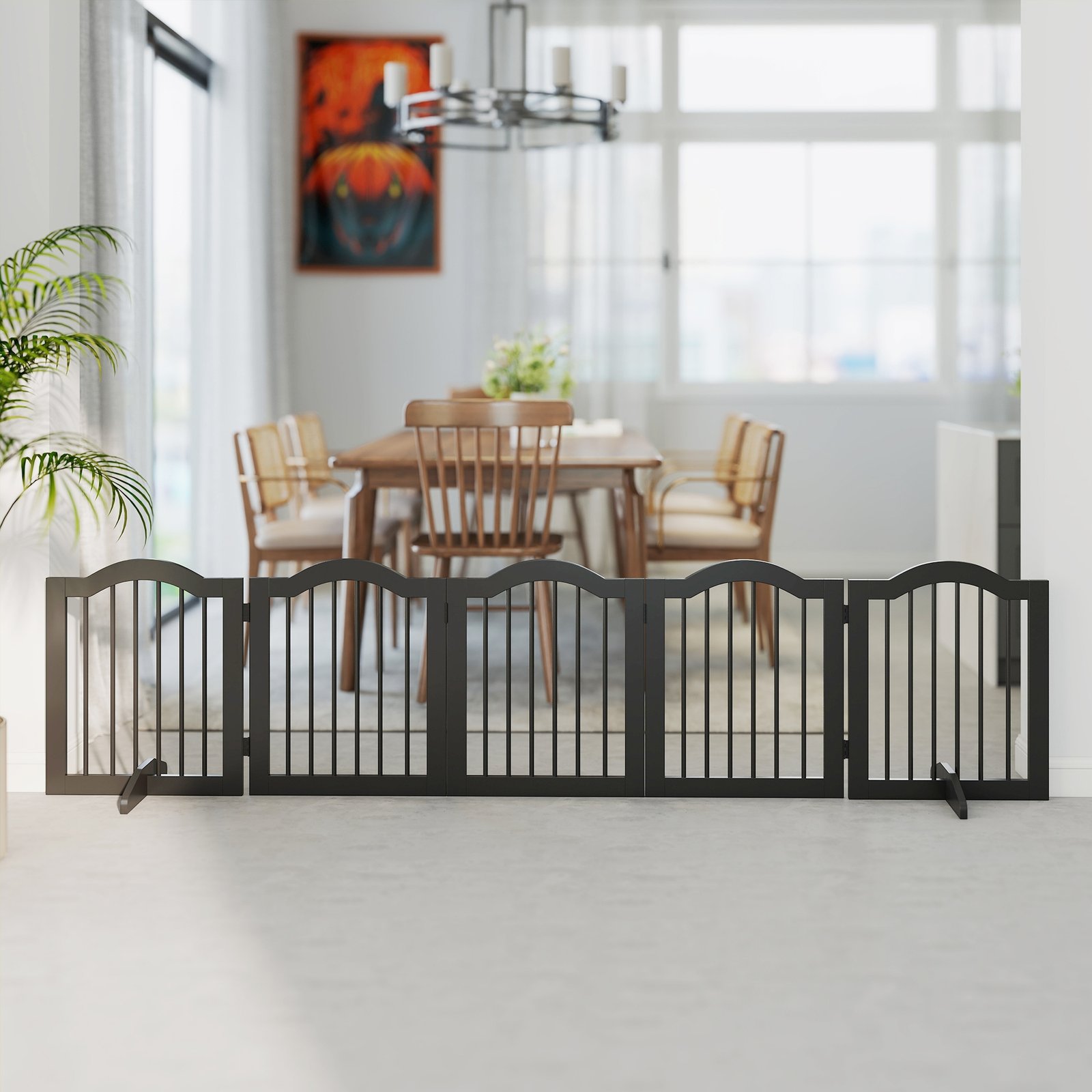 Freestanding Dog Gate Wooden Stair Gate for Dogs with Support Feet Foldable Pet Fence Safety Barrier for the House Doorway Stairs Black