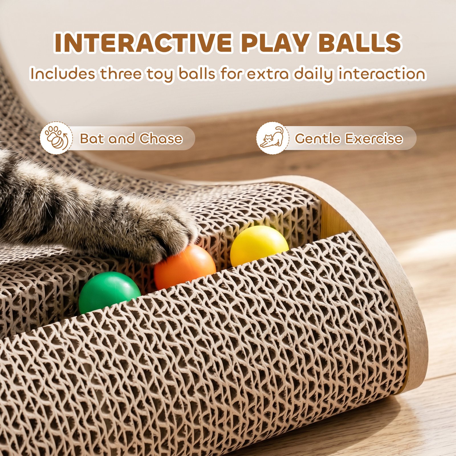 Cat Scratching Board Wall Mounted Cat Scratcher Corrugated 3 Toy Balls 39 x 23.5 x 57.5 cm Brown - Image 7