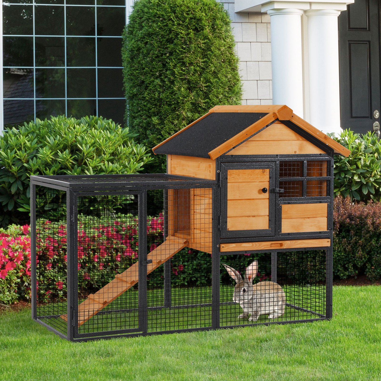 Rabbit Hutch Guinea Pig Hutch Wood-metal Elevated Guinea Pig House Pet Bunny Cage for Outdoor 122 x 63 x 92cm Light Yellow - Image 9
