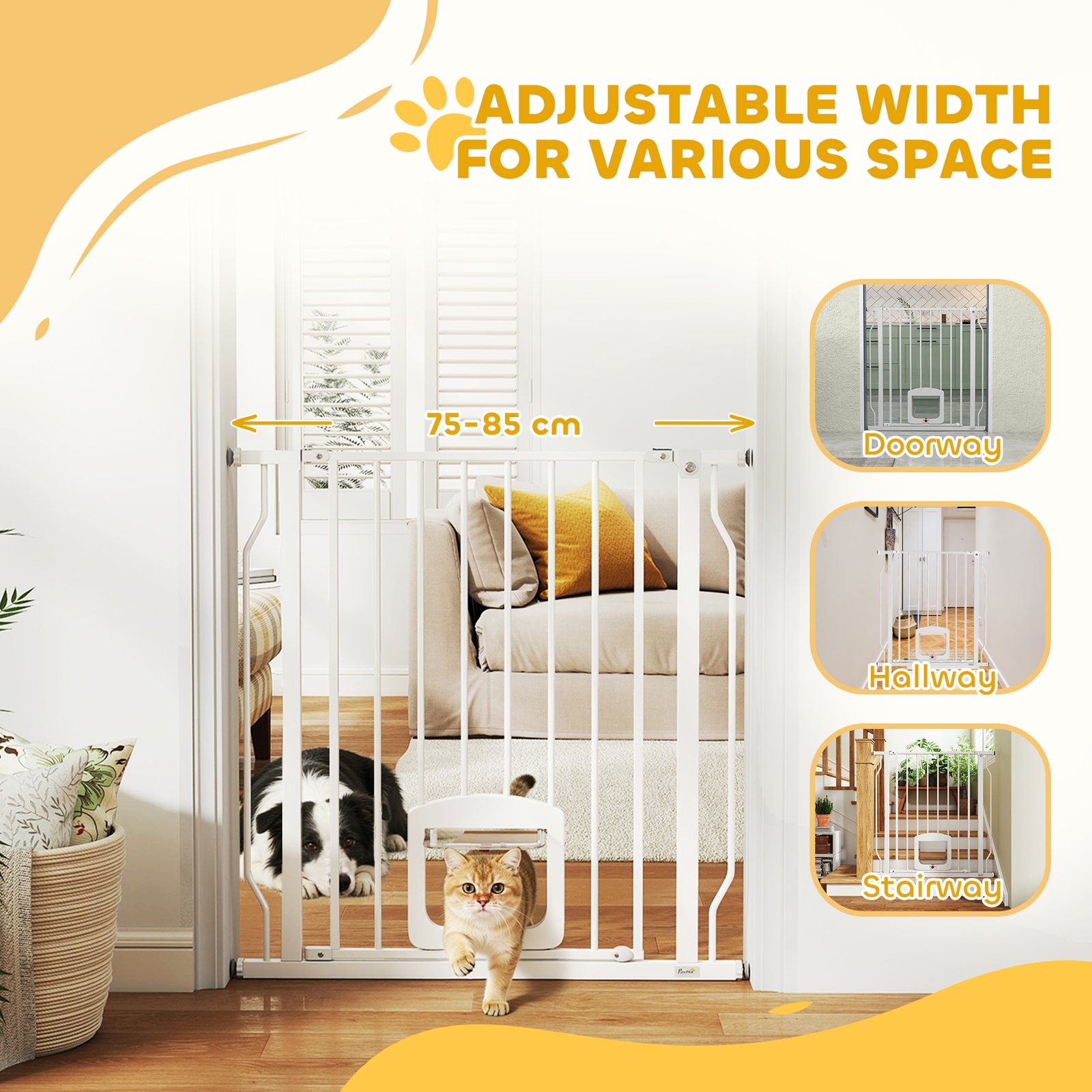 Adjustable Pet Gate with Cat Door, Pressure Fit Barrier for Doorway and Hallway, 75-85 cm, White