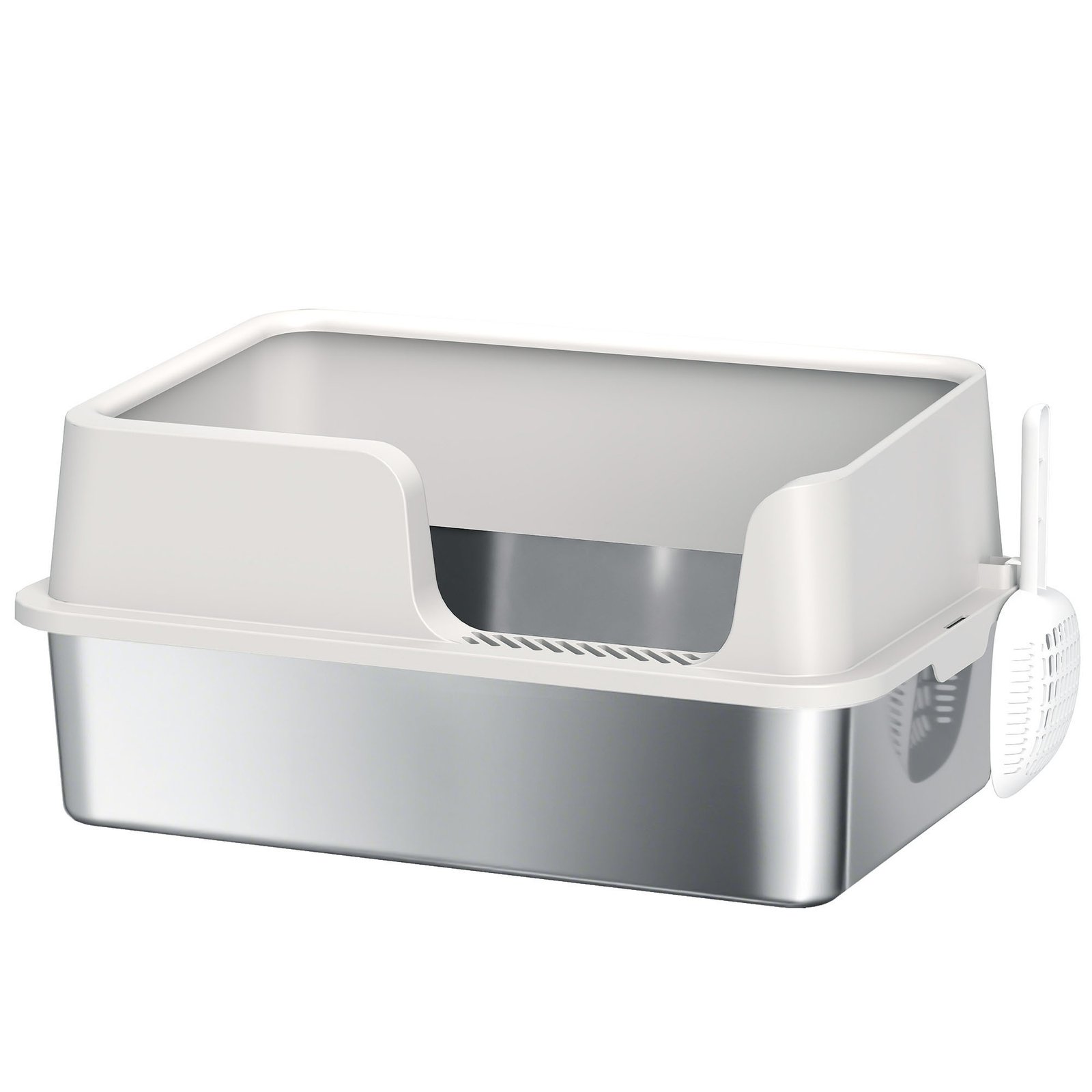 Stainless Steel Litter Box with Detachable Rim, Scoop, Easy Cleaning, Odour-Resistant, 60 x 40 x 28 cm