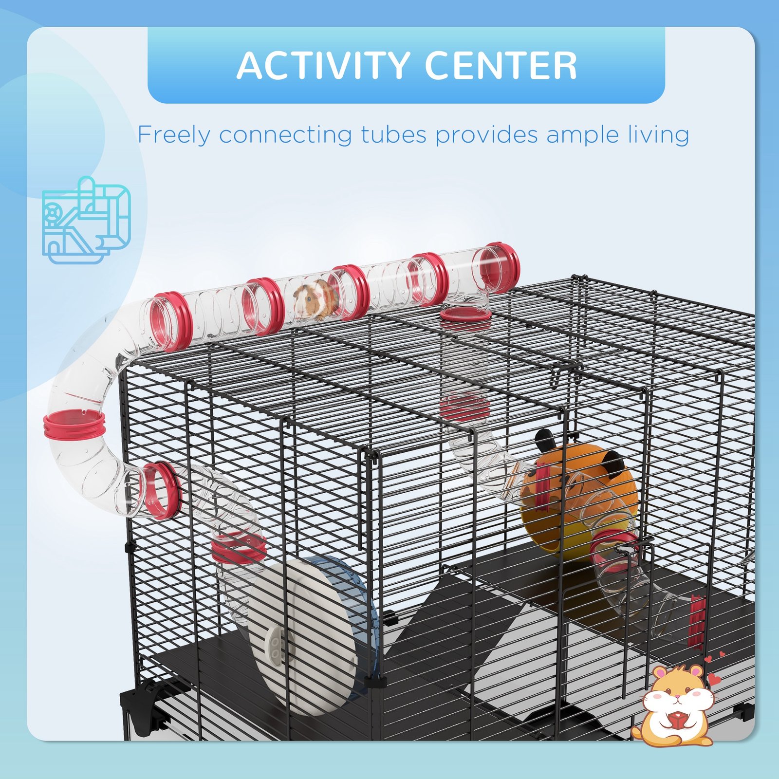 Gerbil Cage Dwarf Hamster Cage, with Deep Glass Bottom, Tunnels, Hut, Exercise Wheel, 60 x 40 x 57cm - Image 4