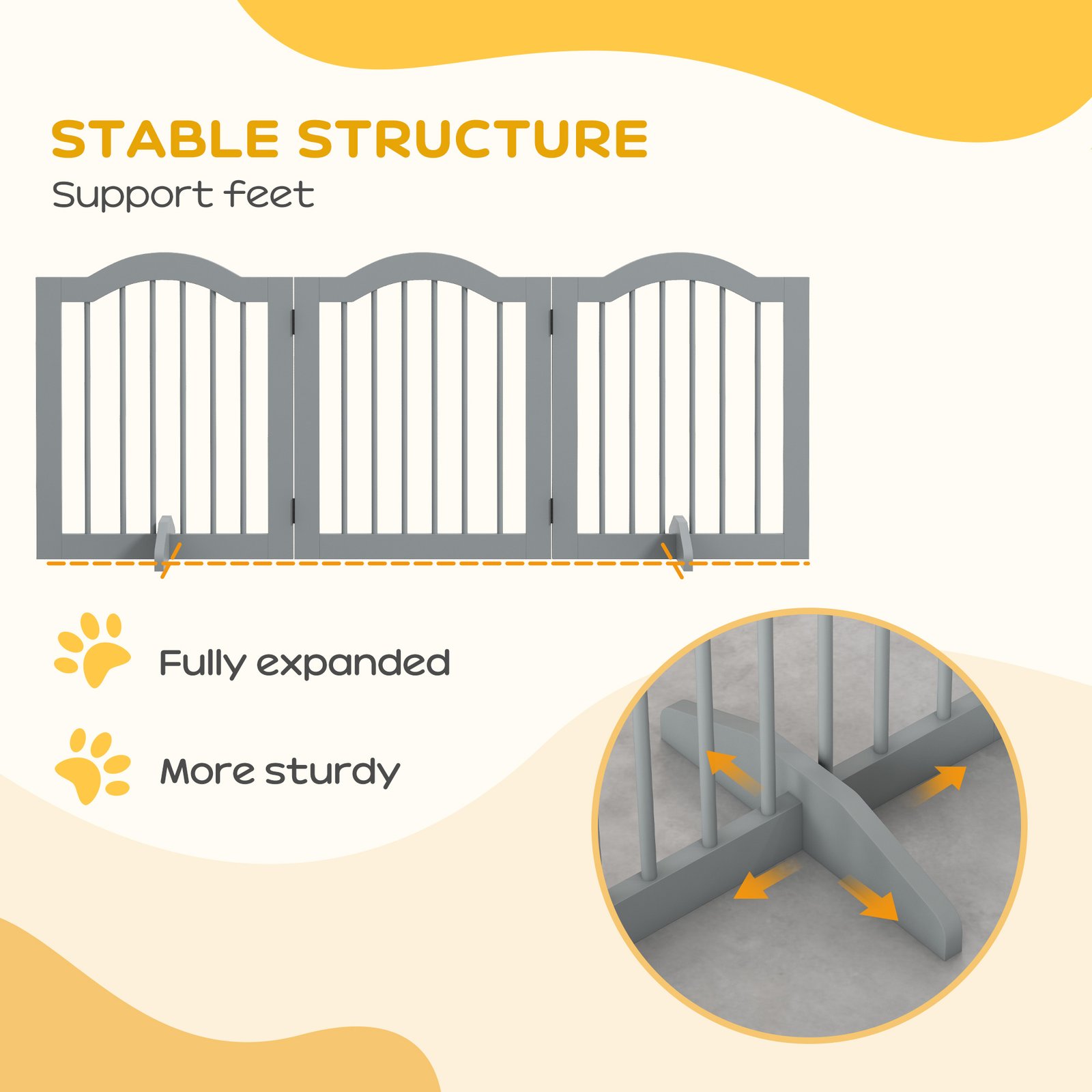 3 Panels Dog Gate w/ Support Feet Fence Safety Barrier Freestanding Wood Light Grey - Image 7