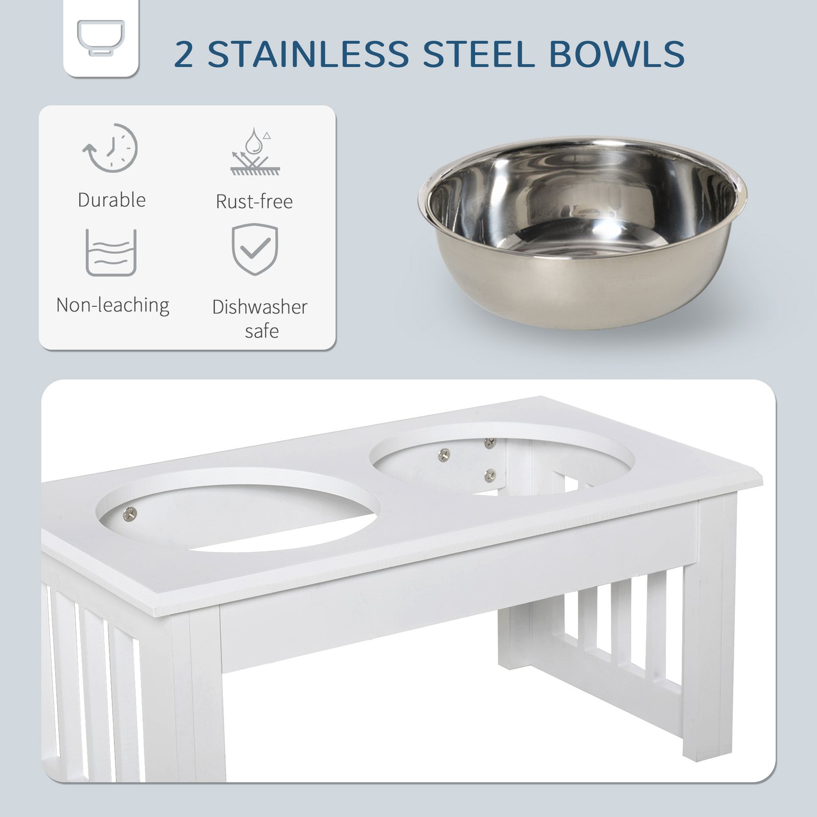 Raised Dog Feeding Bowls with Stand, Stainless Steel for Extra Small and Small Dog, 44L x 24W x 15H cm - White