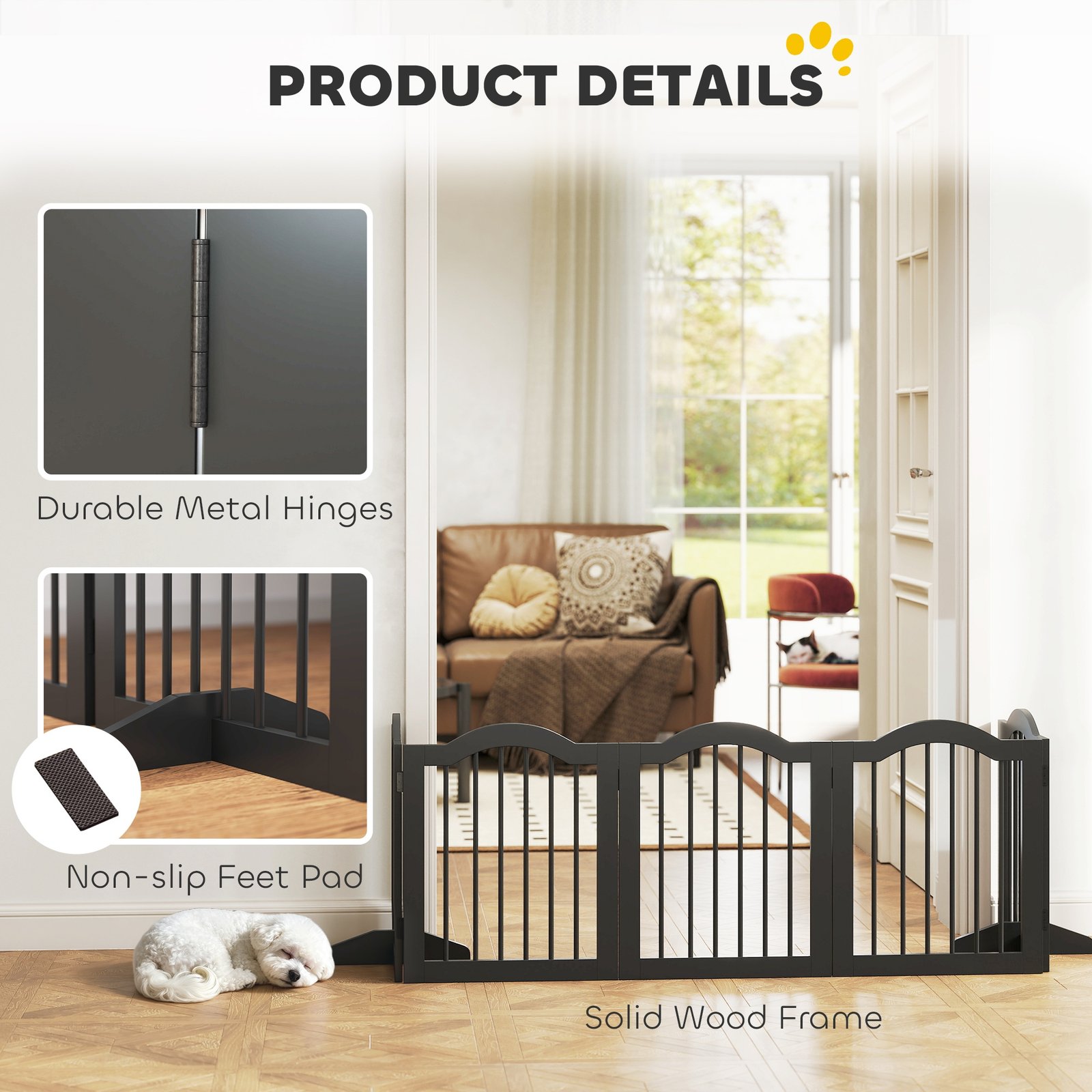 Freestanding Dog Gate Wooden Stair Gate for Dogs with Support Feet Foldable Pet Fence Safety Barrier for the House Doorway Stairs Black
