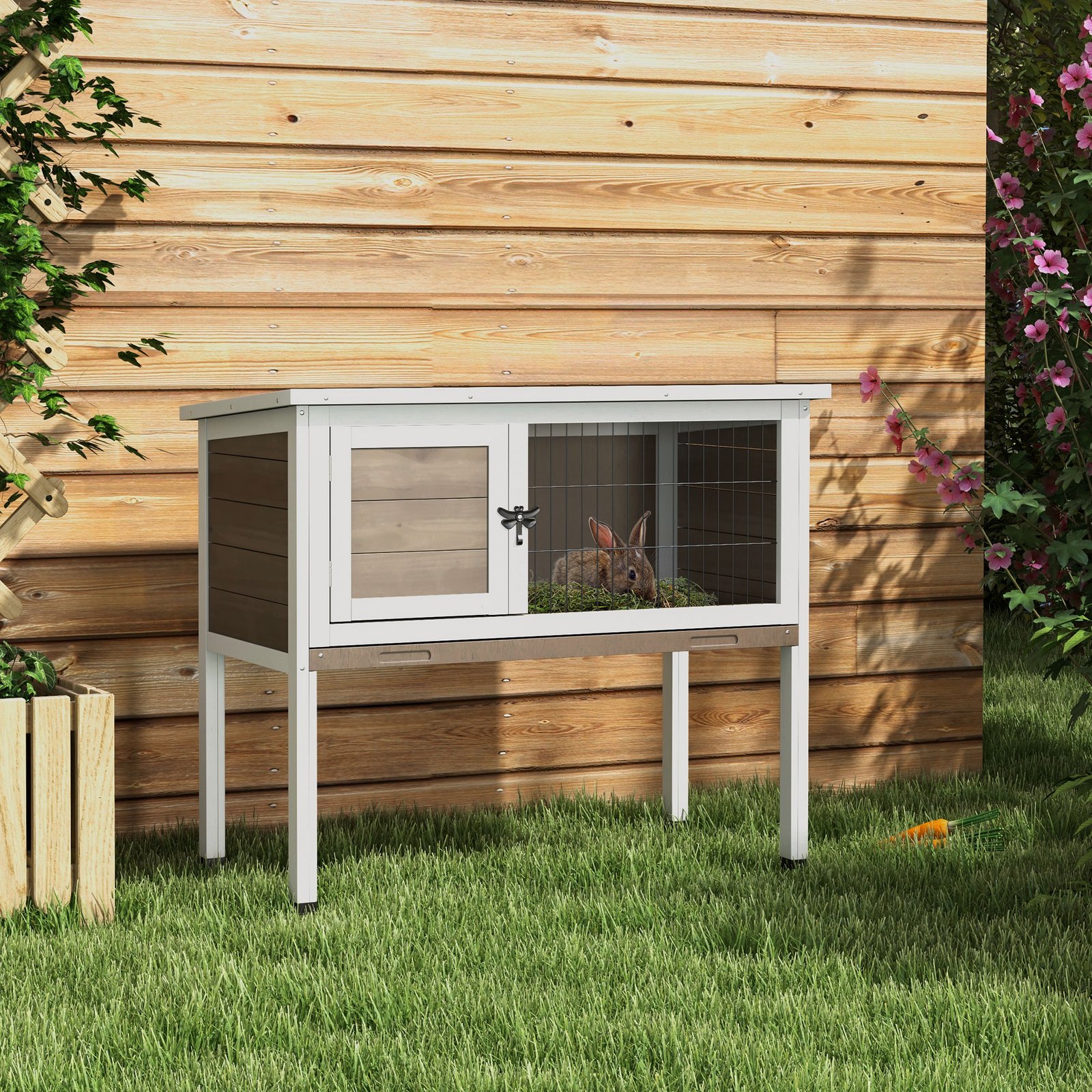 Wooden Guinea Pig Hutch, Small Animal Cage with Slide-out Tray, Openable Asphalt Roof, 84 x 43 x 70cm, Brown - Image 9