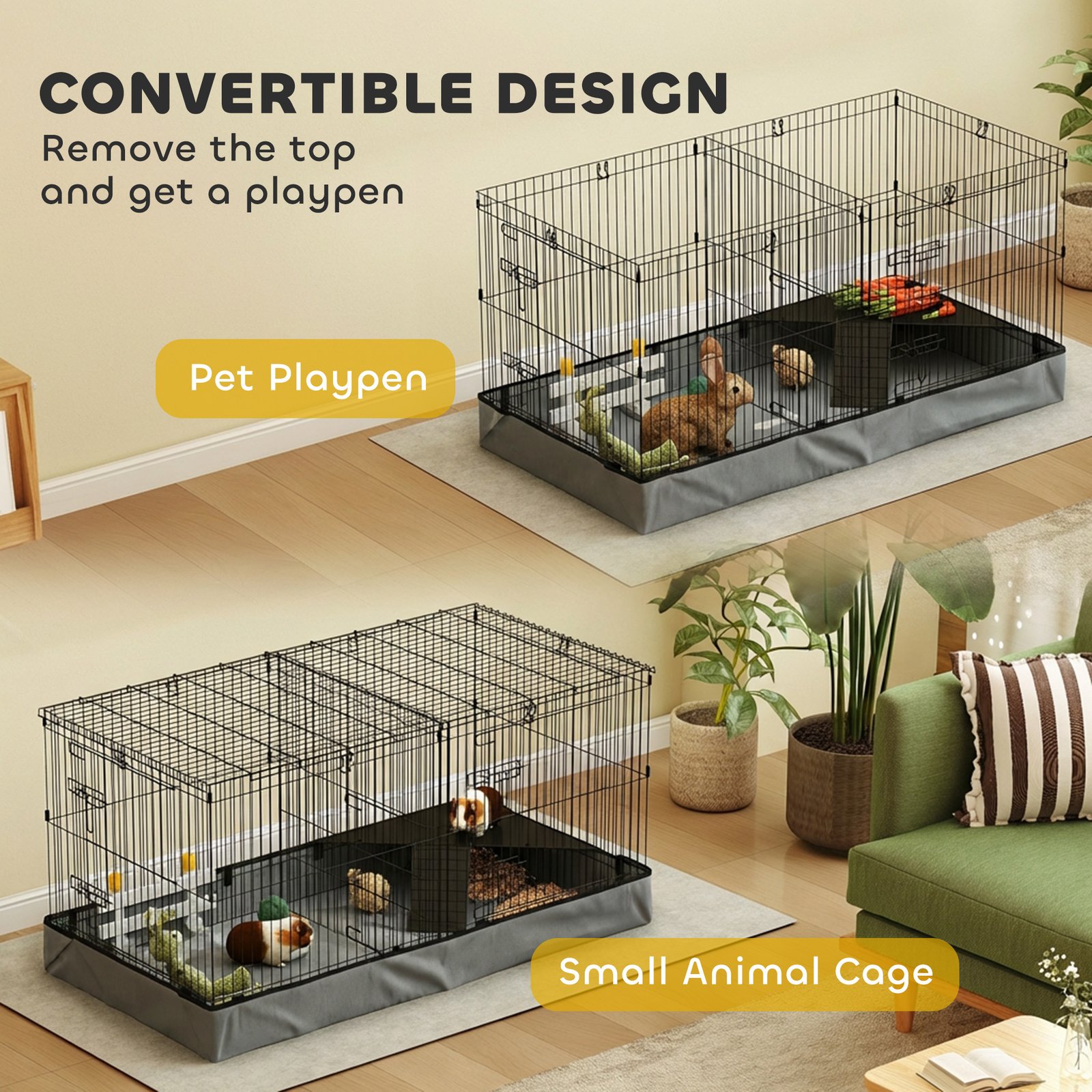 2 in 1 Guinea Pig Cage, Rabbit Cage Pet Playpen with 2 Separate Area, Waterproof Oxford Fabric Floor for Hedgehogs