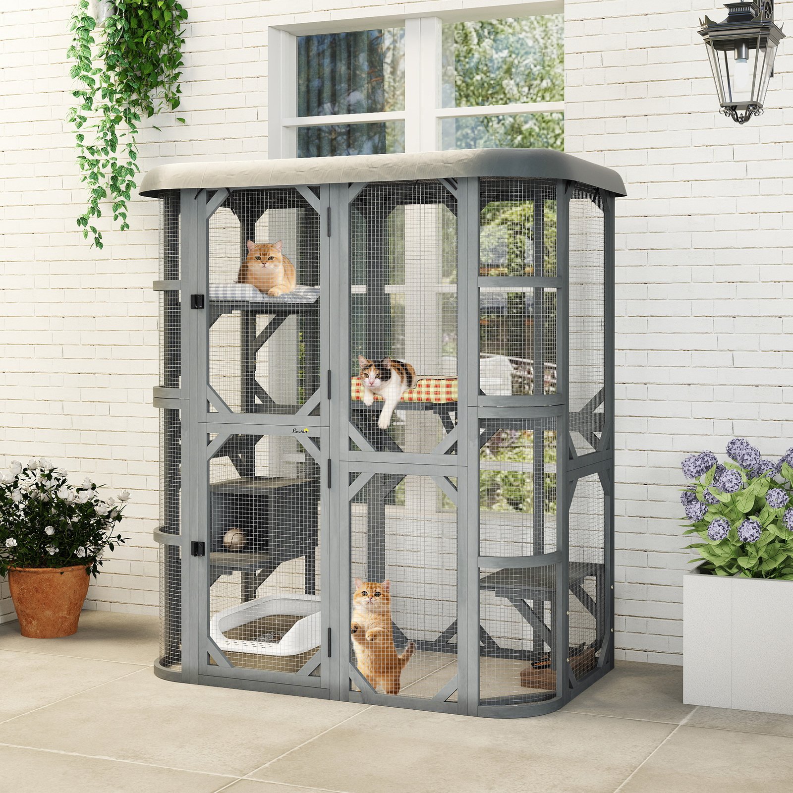 Catio Outdoor Cat Enclosure, Wooden Cat House with Platforms, Condo and Waterproof Cover for 2–3 Kittens, Grey