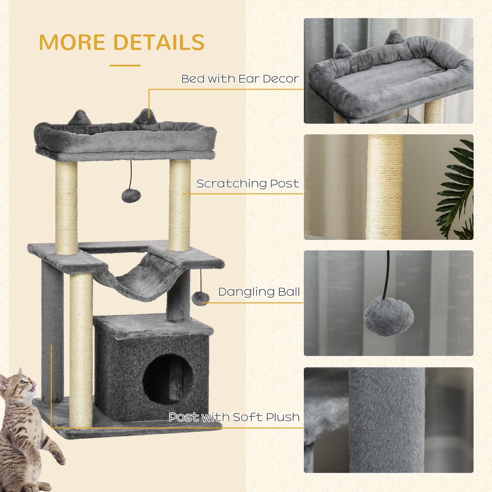 Cat Tree, 90cm Cat Tower with Sisal Scratching Posts, Cat Condo, Hammock, Top Perch and 2 Hanging Toys for Cats, Grey