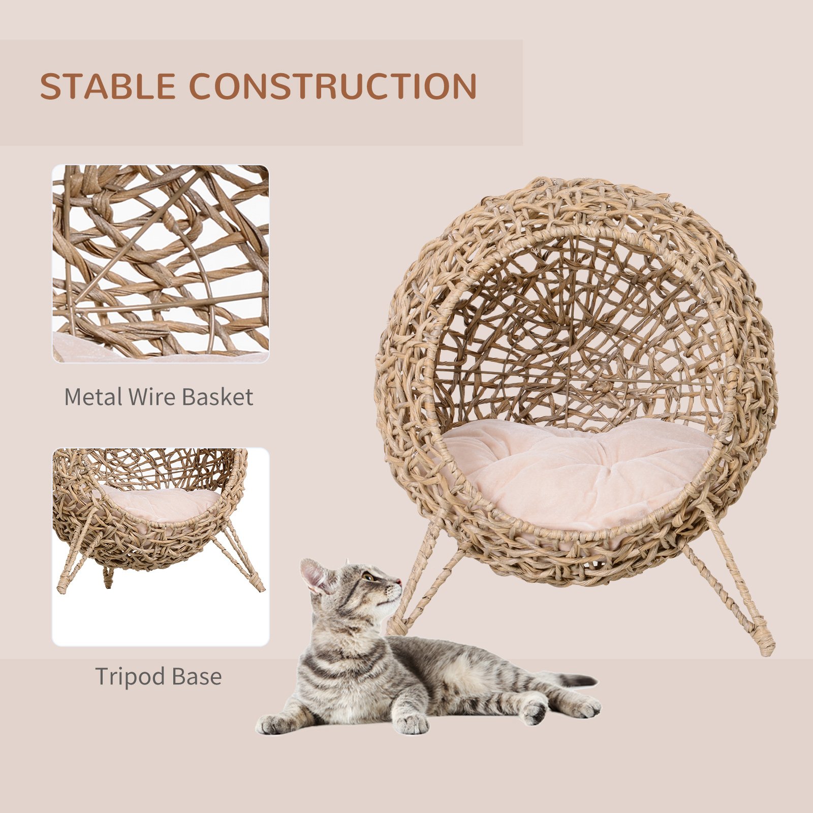 Rattan Elevated Cat Bed House Kitten Basket Ball-Shaped Pet Furniture w/ Removable Cushion - Natural