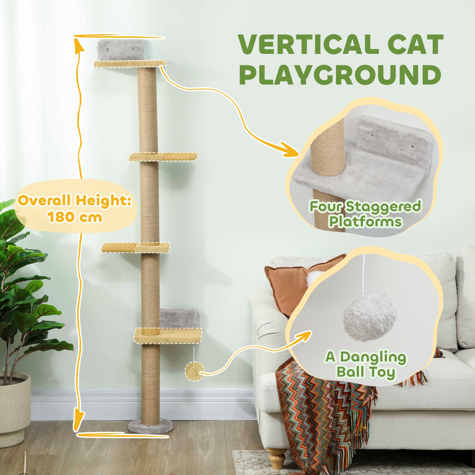 Wall Mounted Cat Shelves, Cat Climbing Wall with 4 Climbing Platforms, Jute Scratching Post and Toy Ball,180cm Tall, Light Grey