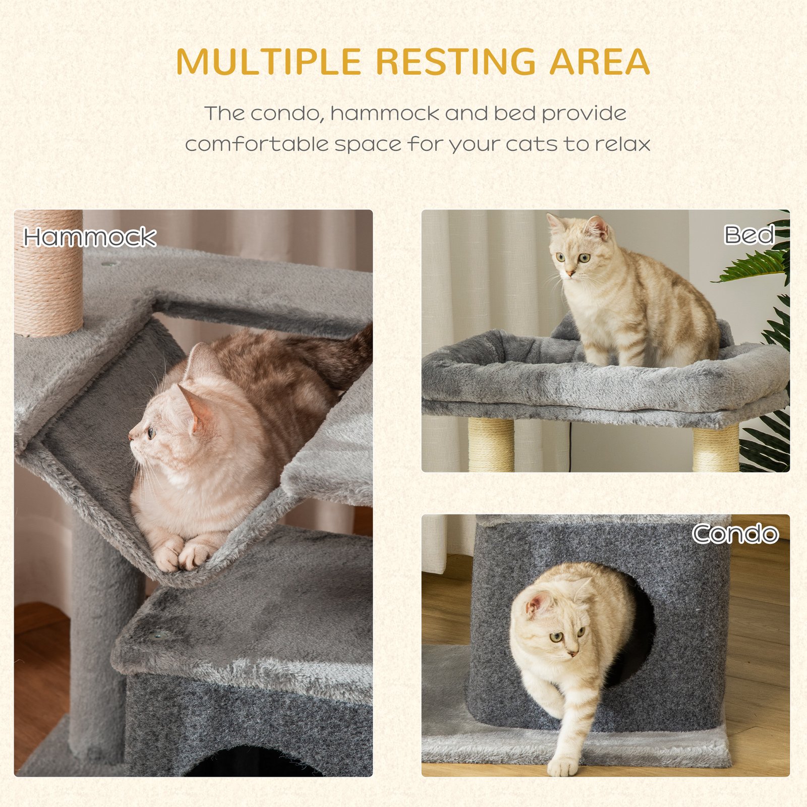 Cat Tree, 90cm Cat Tower with Sisal Scratching Posts, Cat Condo, Hammock, Top Perch and 2 Hanging Toys for Cats, Grey