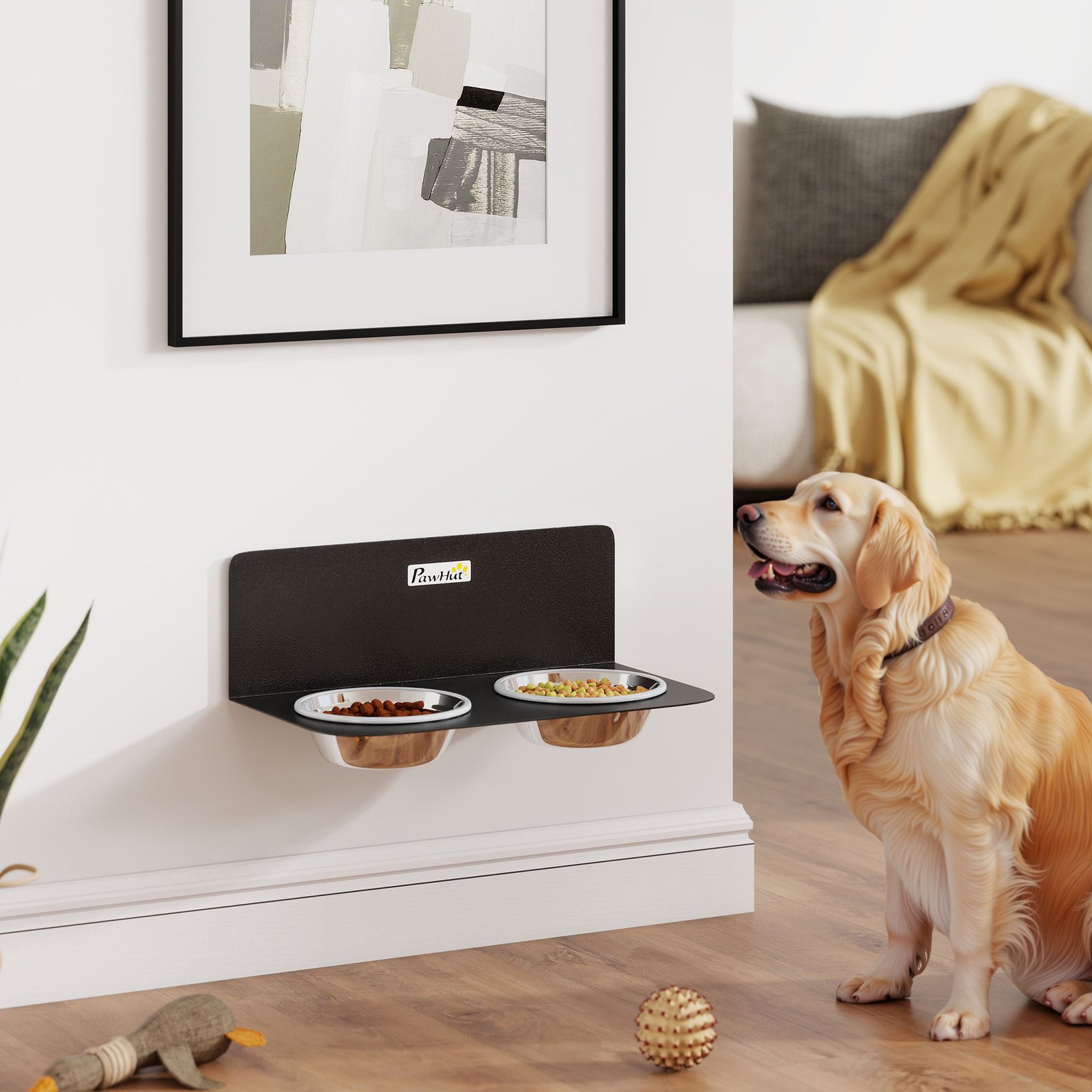 Wall Mount Dog Bowls, Adjustable Height Raised Dog Feeding Station with 2 Stainless Steel Bowls, 10kg Capacity, Black