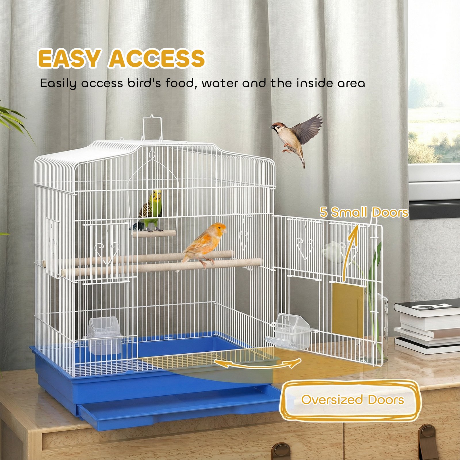 Large Metal Bird Cage with Perches, Food Bowls, Swing, for Budgies, Parakeets, Blue