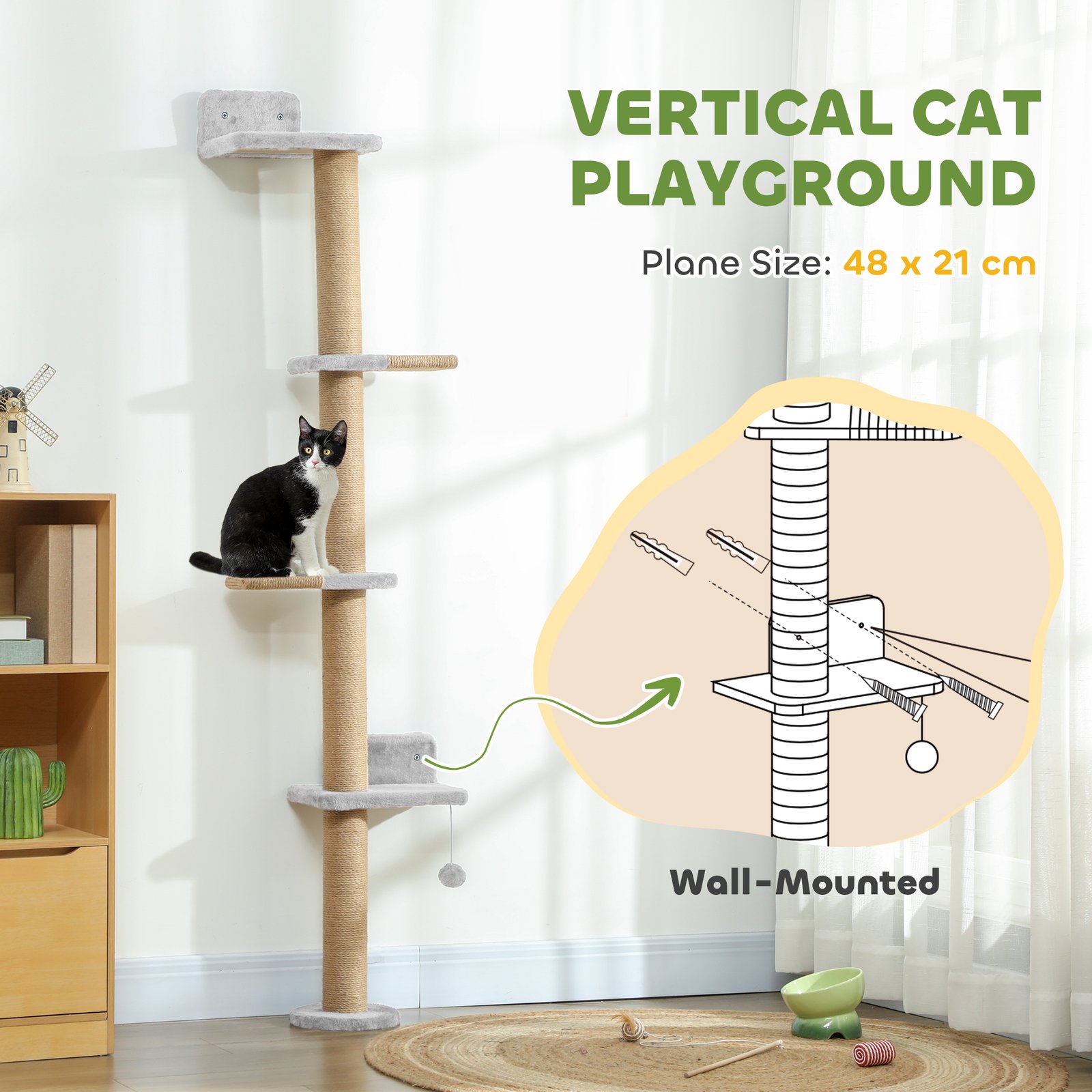 Wall Mounted Cat Shelves, Cat Climbing Wall with 4 Climbing Platforms, Jute Scratching Post and Toy Ball,180cm Tall, Light Grey