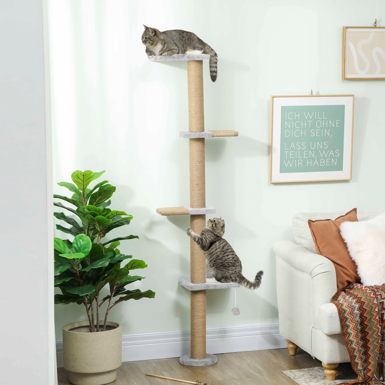 Wall Mounted Cat Shelves, Cat Climbing Wall with 4 Climbing Platforms, Jute Scratching Post and Toy Ball,180cm Tall, Light Grey