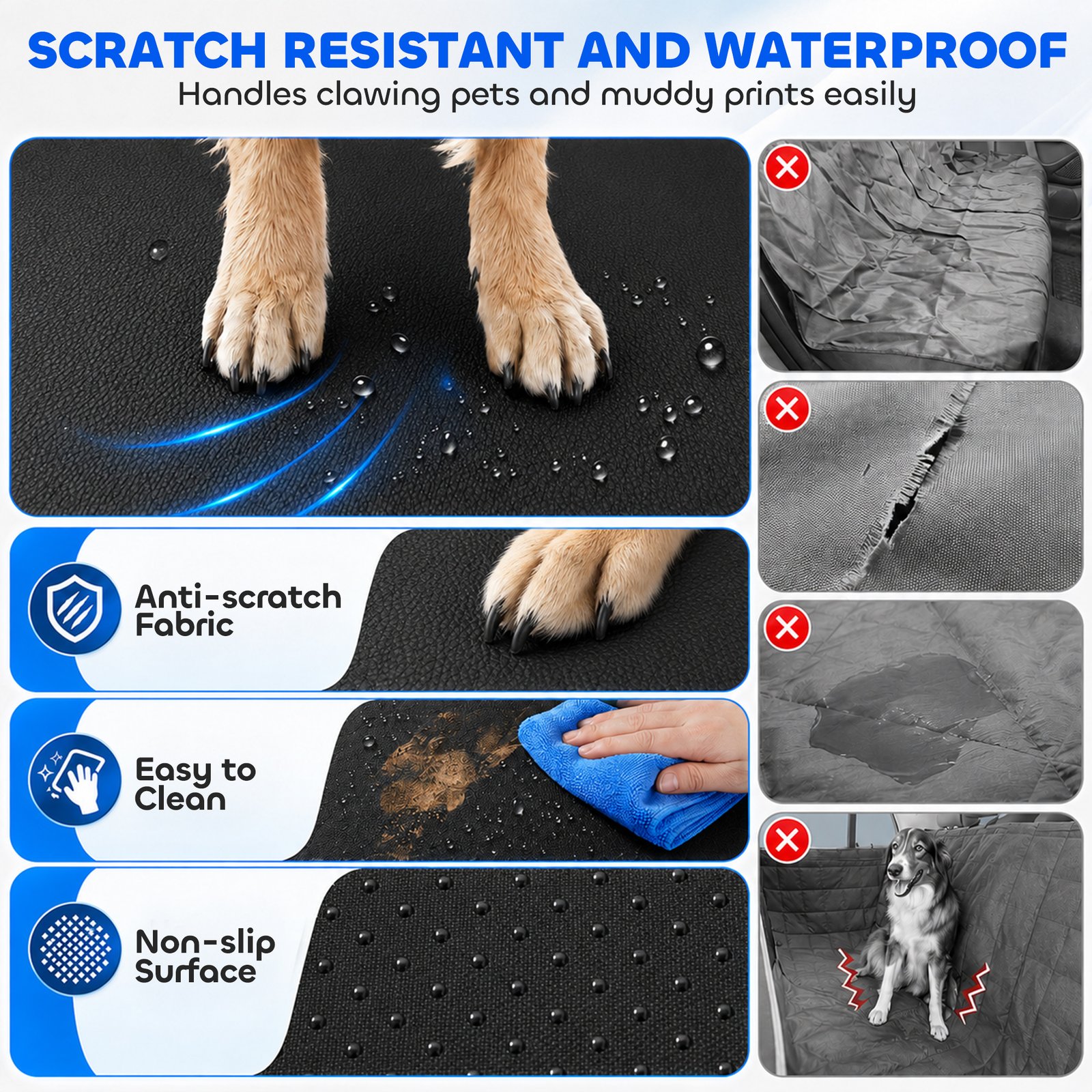 Dog Car Seat Cover, Waterproof Dog Travel Hammock w/ Non-Slip & Anti-Scratch Surface, Mesh Window and Pockets, Blue