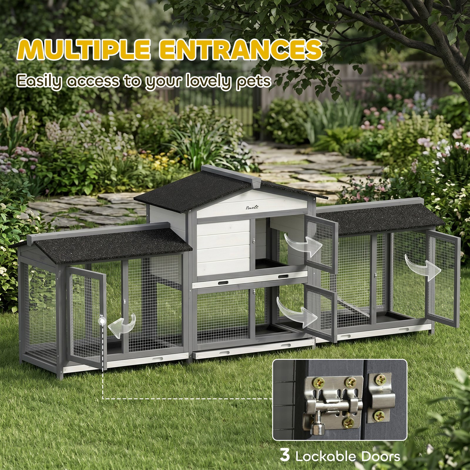 2-Tier Large Rabbit Hutch Outdoor with Double Side Run Boxes, No-leak Plastic Tray, Ramp, 230 x 53 x 93.5cm, Light Grey