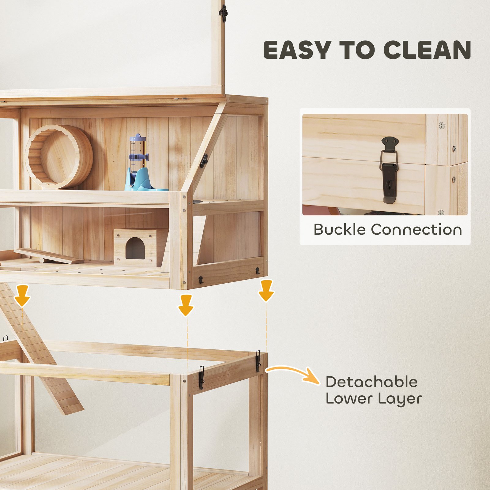 Wooden Hamster Cage with Detachable Lower Floor, Storage Shelf, Hut, Seesaw, Exercise Wheel, Ramps for Hamster