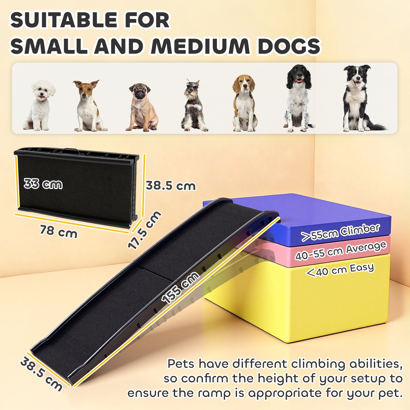 Foldable Dog Ramp with Frosted Anti-slip Surface, Portable & Lightweight, for Cars, Home, 155 x 38.5 x 15.5 cm