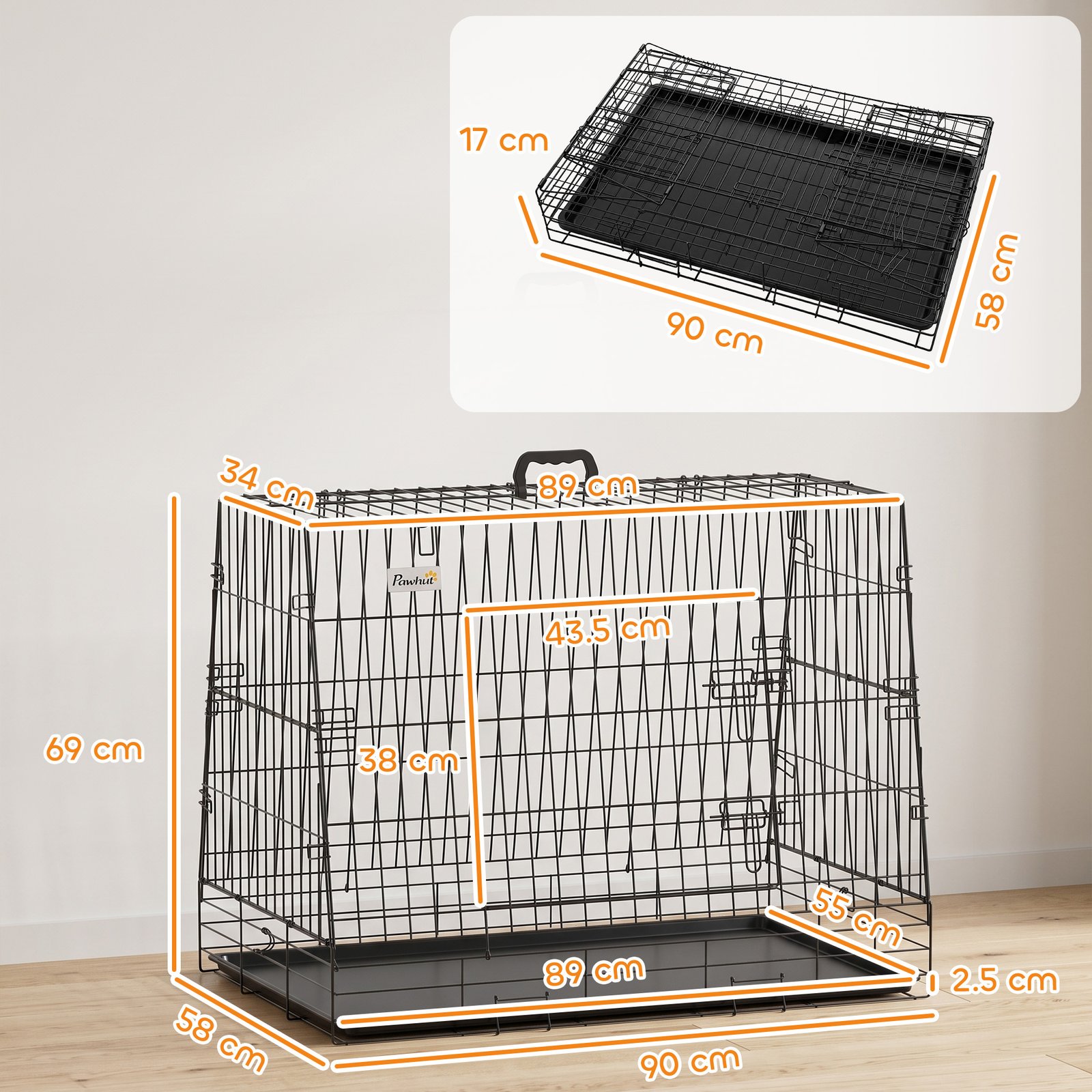 35"(90 cm) Car Dog Crate Medium Large Collapsible Slanted Travel Dog Cage with Tray for Car Boot