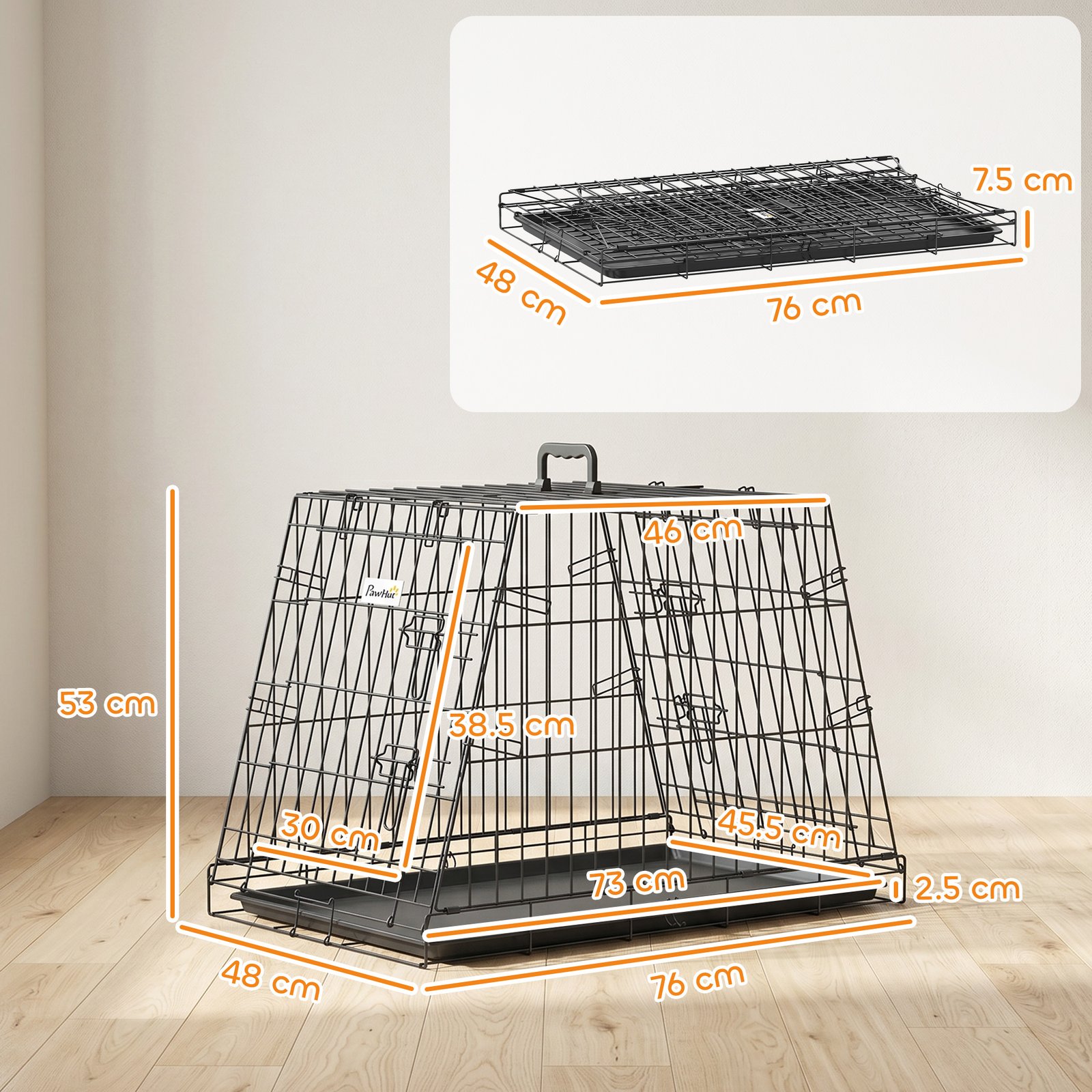30"(76 cm) Car Dog Crate Collapsible Slanted Travel Small Dog Cage with Tray & Handle 76L x 48W x 53H cm