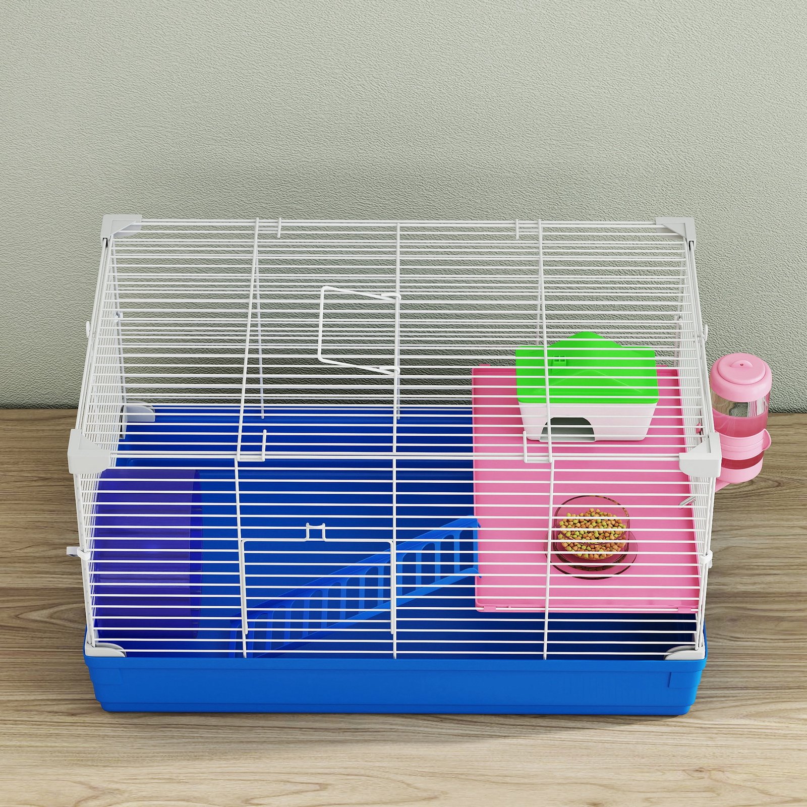 Hamster Cage, Small Gerbil Cage 2 Tiers Portable w/ Handle, Exercise Wheel, Water Bottle, Dishes, Blue