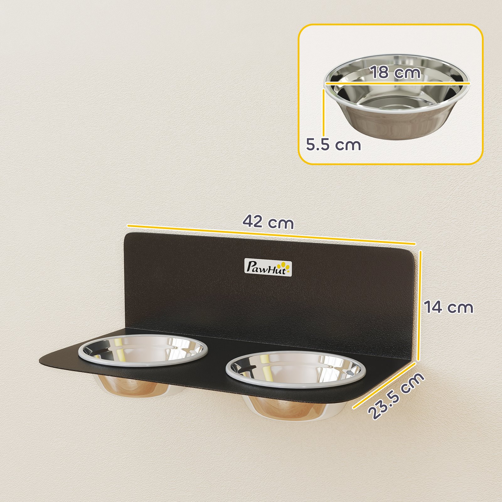 Wall Mount Dog Bowls, Adjustable Height Raised Dog Feeding Station with 2 Stainless Steel Bowls, 10kg Capacity, Black