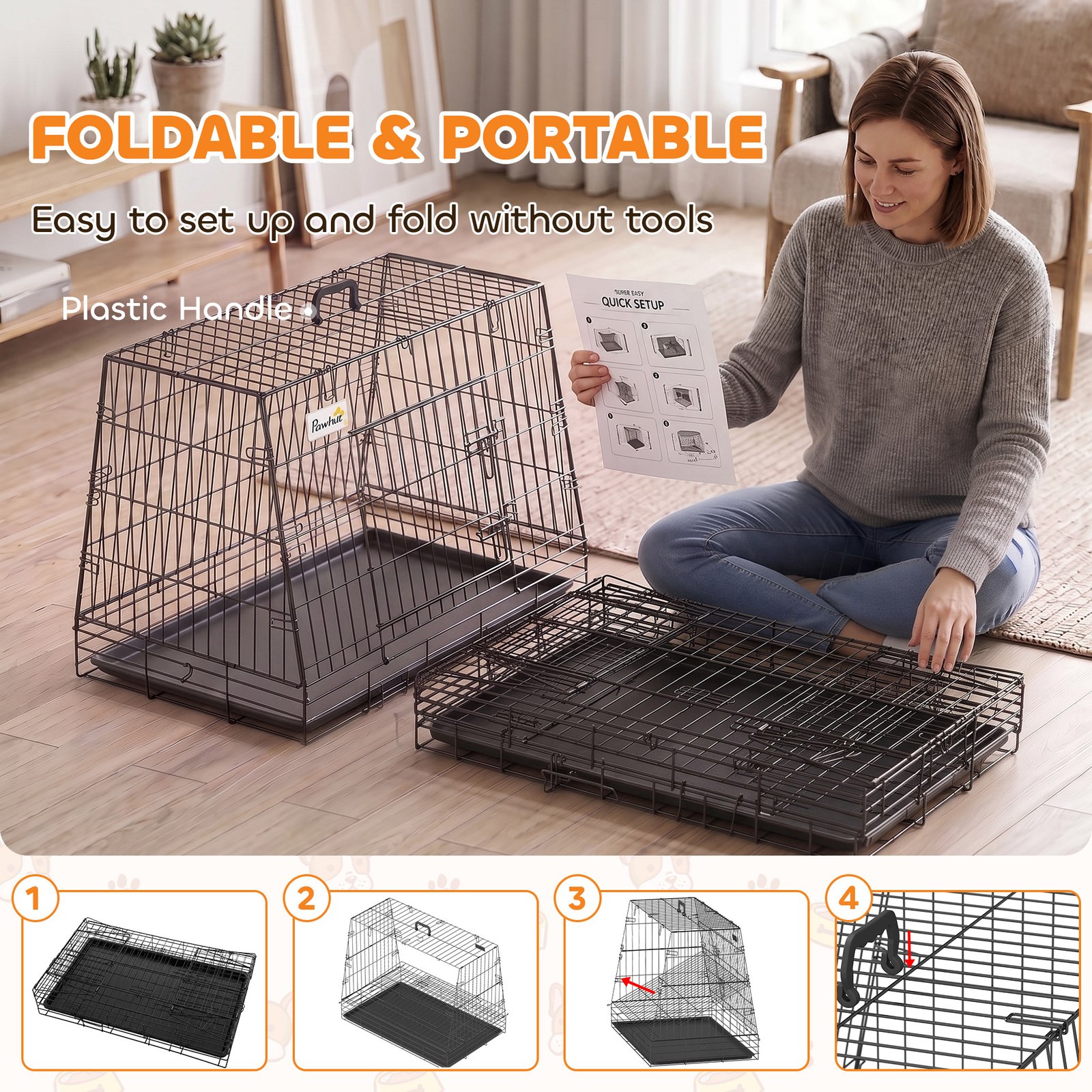 35"(90 cm) Car Dog Crate Medium Large Collapsible Slanted Travel Dog Cage with Tray for Car Boot