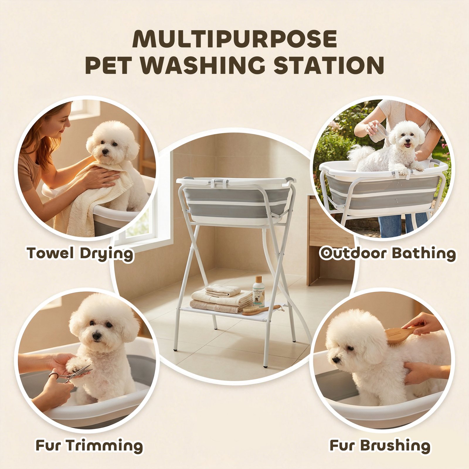 Dog Bath Tub, Portable Foldable Dog Bathtub with Stand, Drainage Hole, for Small Dogs Puppies Grey