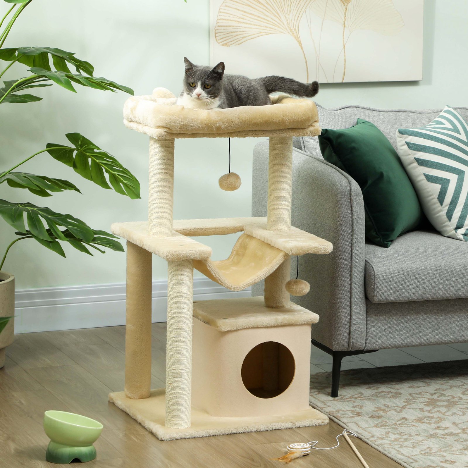 Cat Tree, 90cm Cat Tower with Sisal Scratching Posts, Cat Condo, Hammock, Top Perch and 2 Hanging Toys for Cats, Beige
