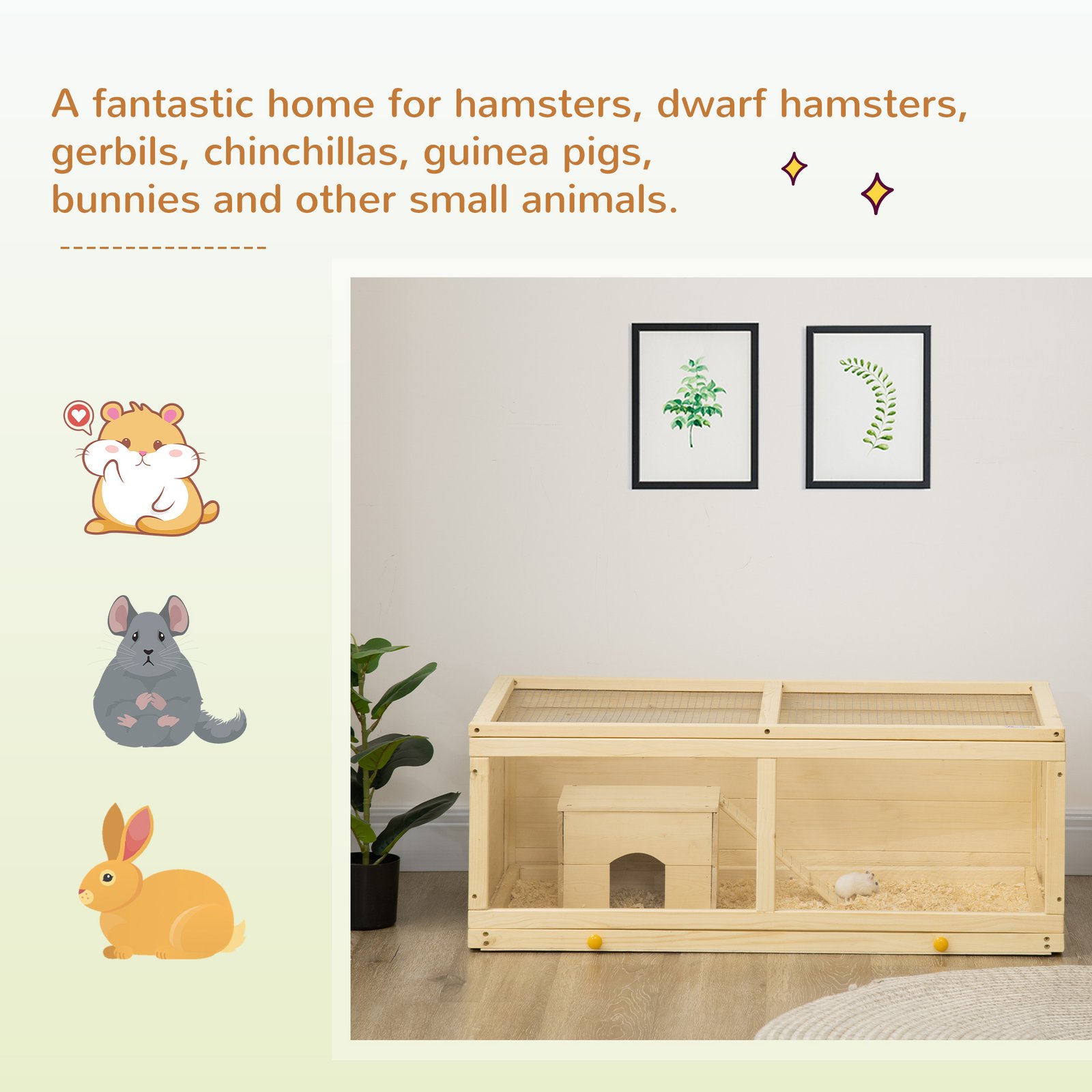 Wooden Hamster Cage with Sliding Tray, Openable Top, Hut for Syrian Hamster, Natural Wood Finish