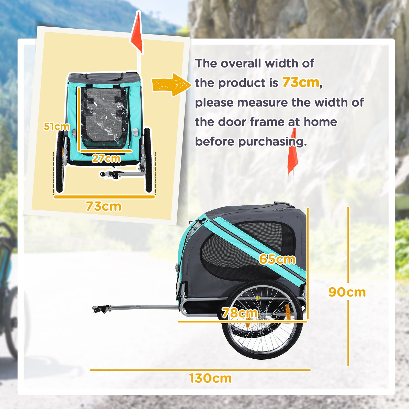 Folding Dog Bike Trailer Pet Cart Carrier for Bicycle Travel in Steel Frame with Hitch Coupler - Light Blue & Grey