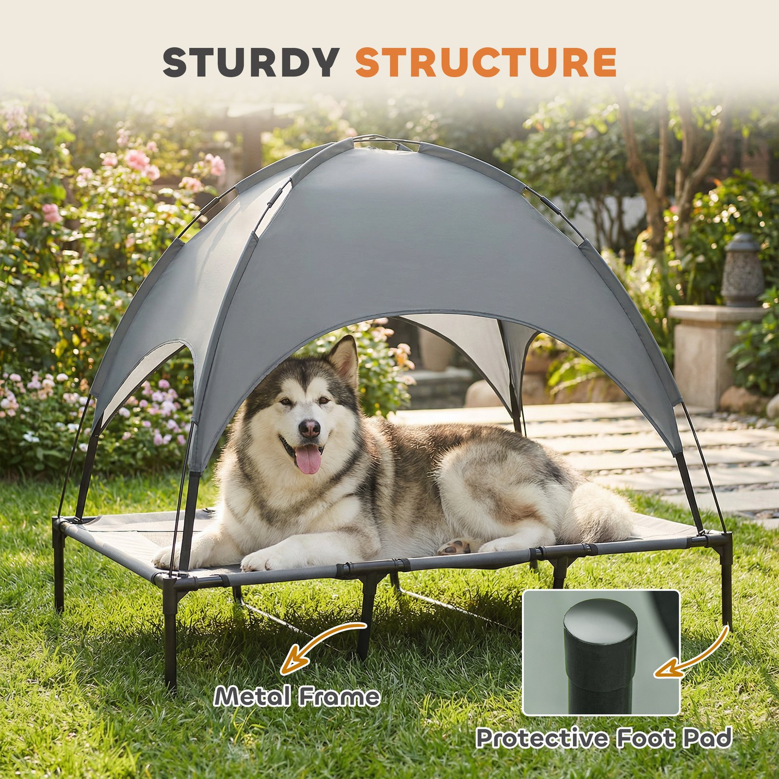 Outdoor Dog Bed with Removable Canopy, Portable Raised Dog Bed for Camping, Garden & Beach, Water-Resistant UV-Protection Mesh Pet Cot Sun Lounger, for XL Pets, 122 x 92 x 108 cm, Grey
