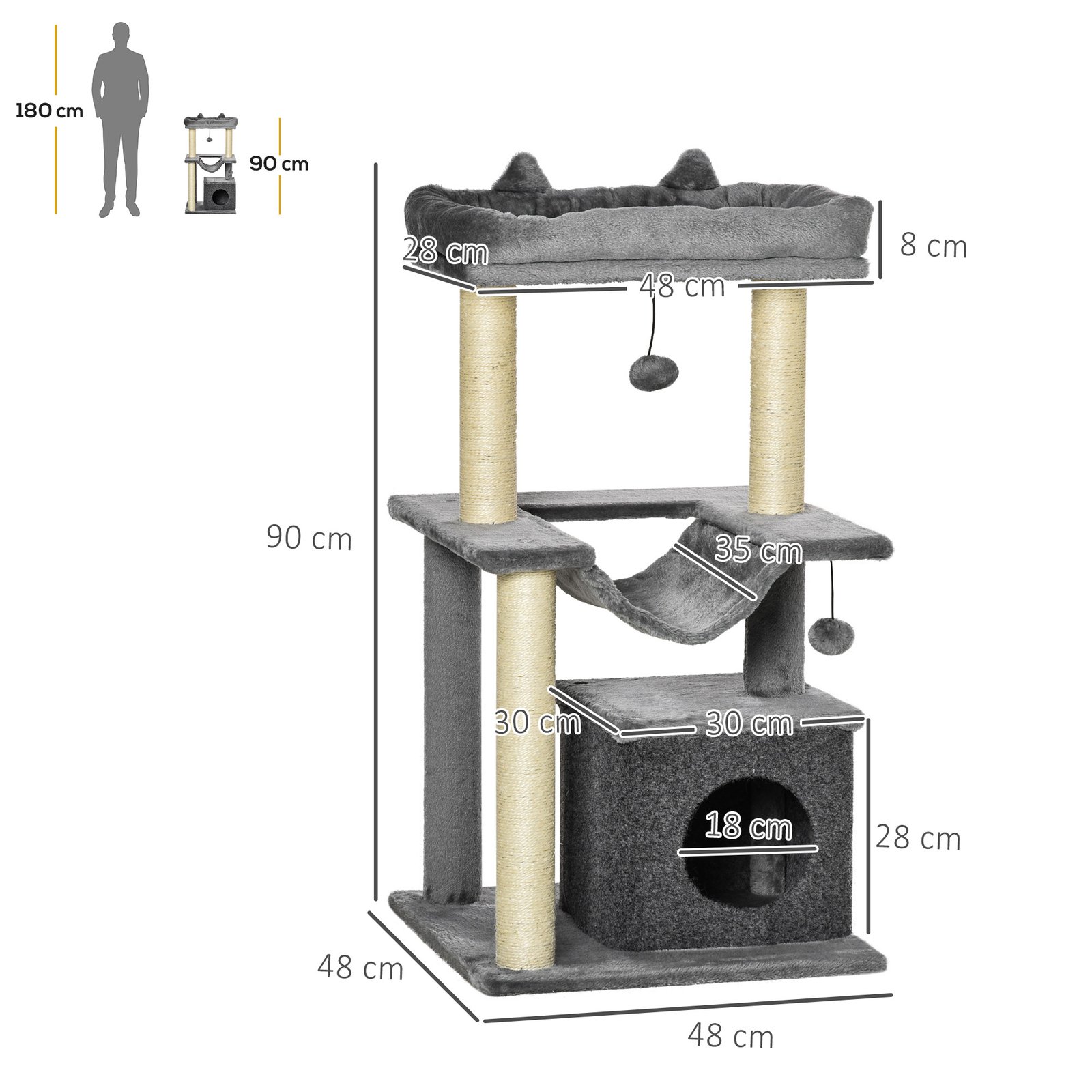 Cat Tree, 90cm Cat Tower with Sisal Scratching Posts, Cat Condo, Hammock, Top Perch and 2 Hanging Toys for Cats, Grey