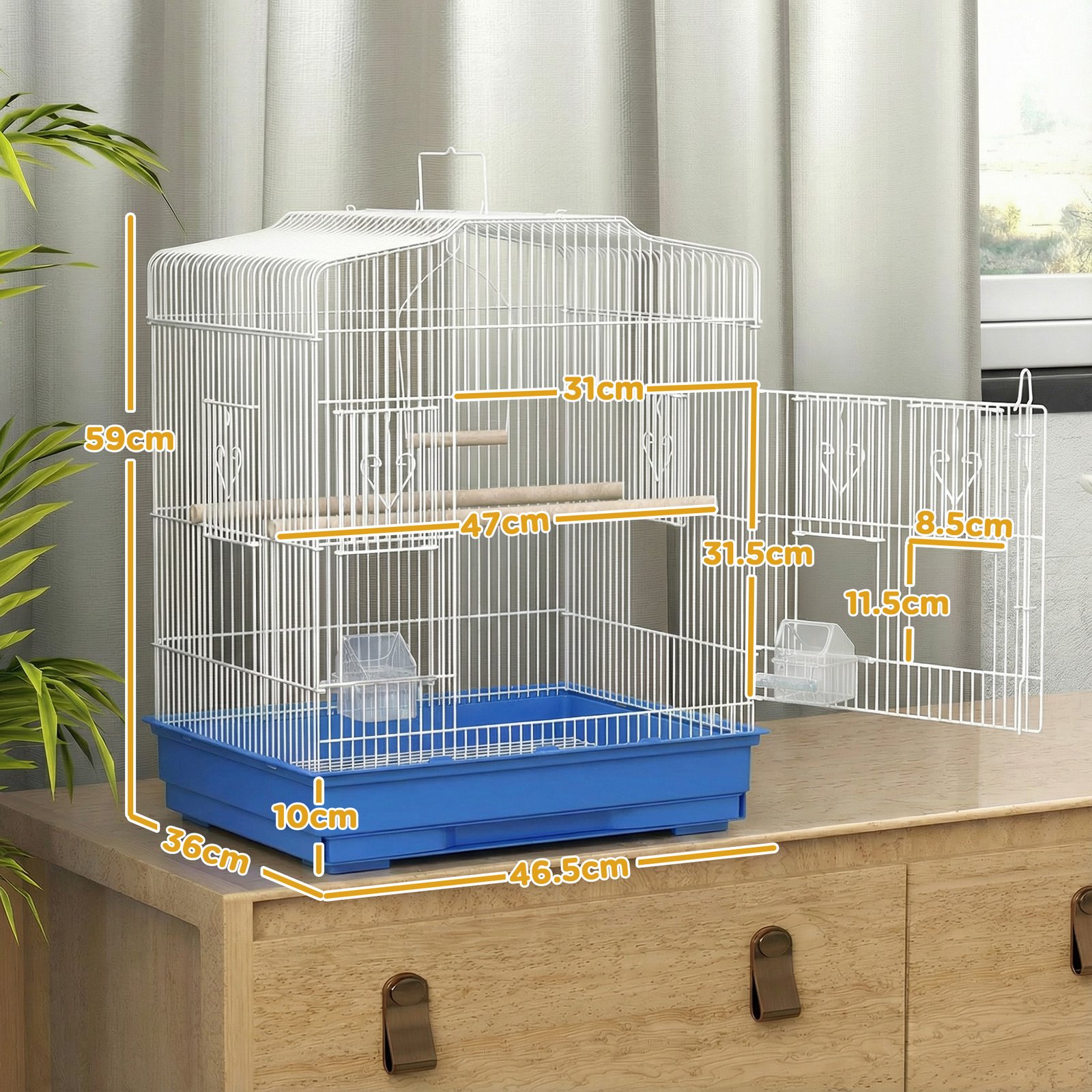 Large Metal Bird Cage with Perches, Food Bowls, Swing, for Budgies, Parakeets, Blue