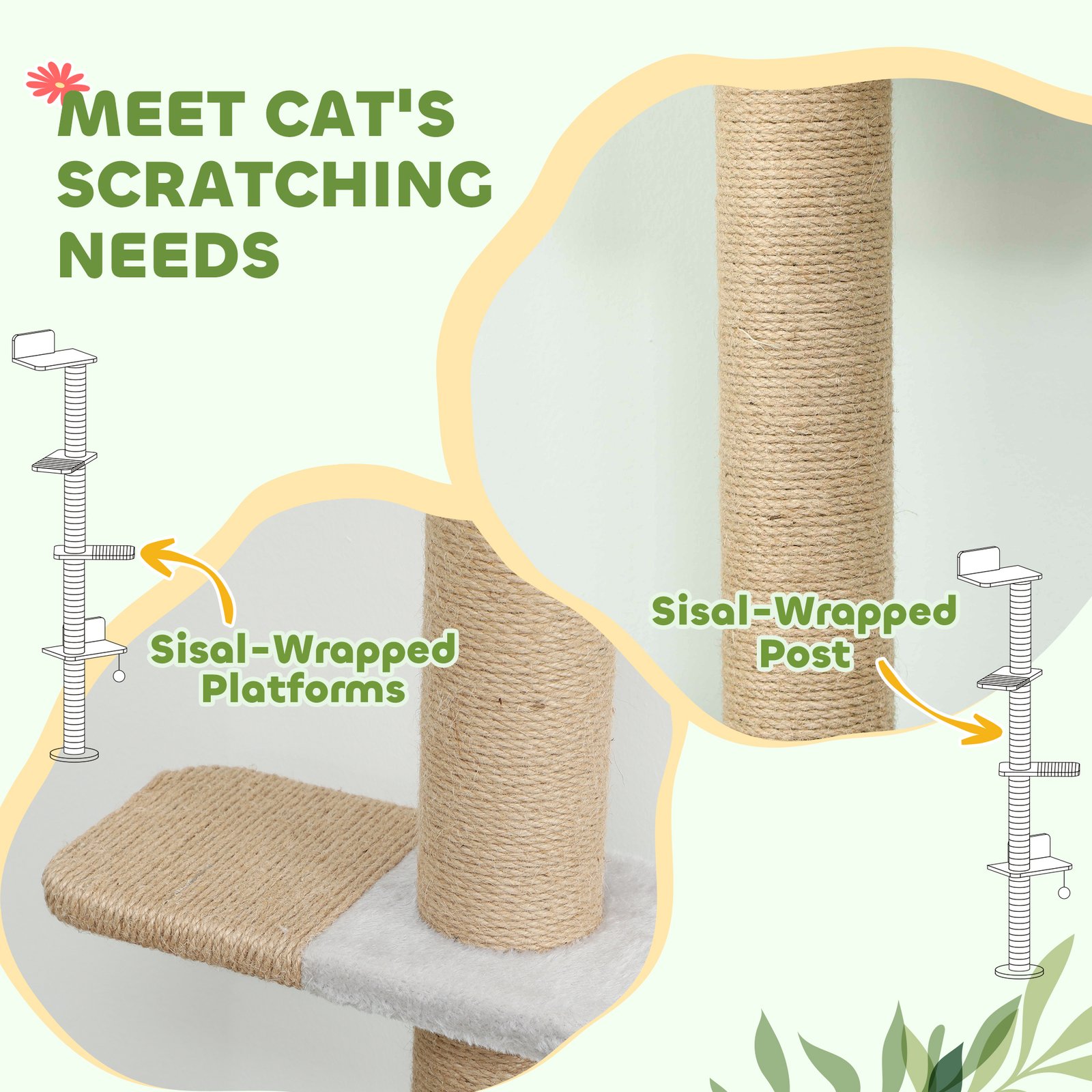 Wall Mounted Cat Shelves, Cat Climbing Wall with 4 Climbing Platforms, Jute Scratching Post and Toy Ball,180cm Tall, Light Grey