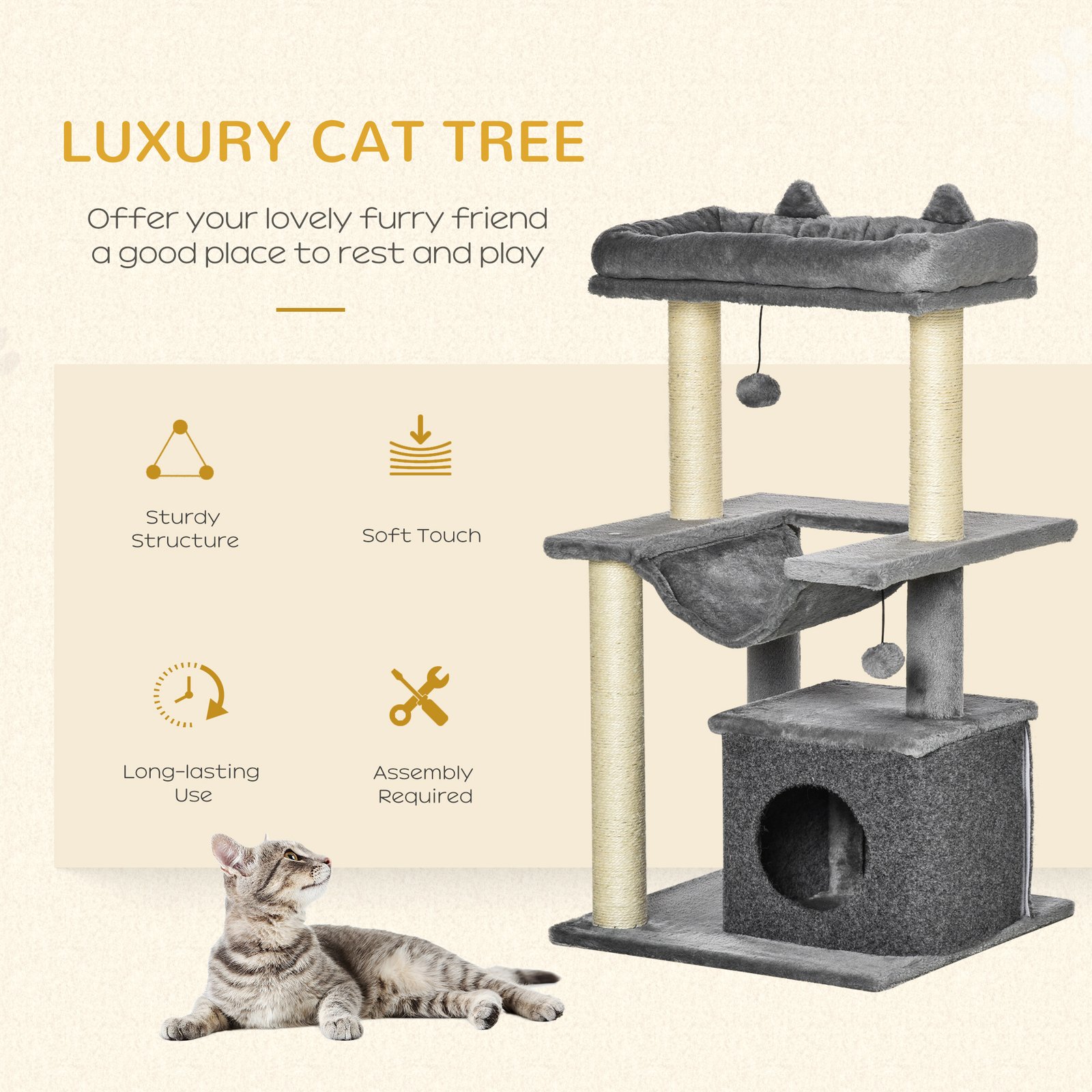 Cat Tree, 90cm Cat Tower with Sisal Scratching Posts, Cat Condo, Hammock, Top Perch and 2 Hanging Toys for Cats, Grey