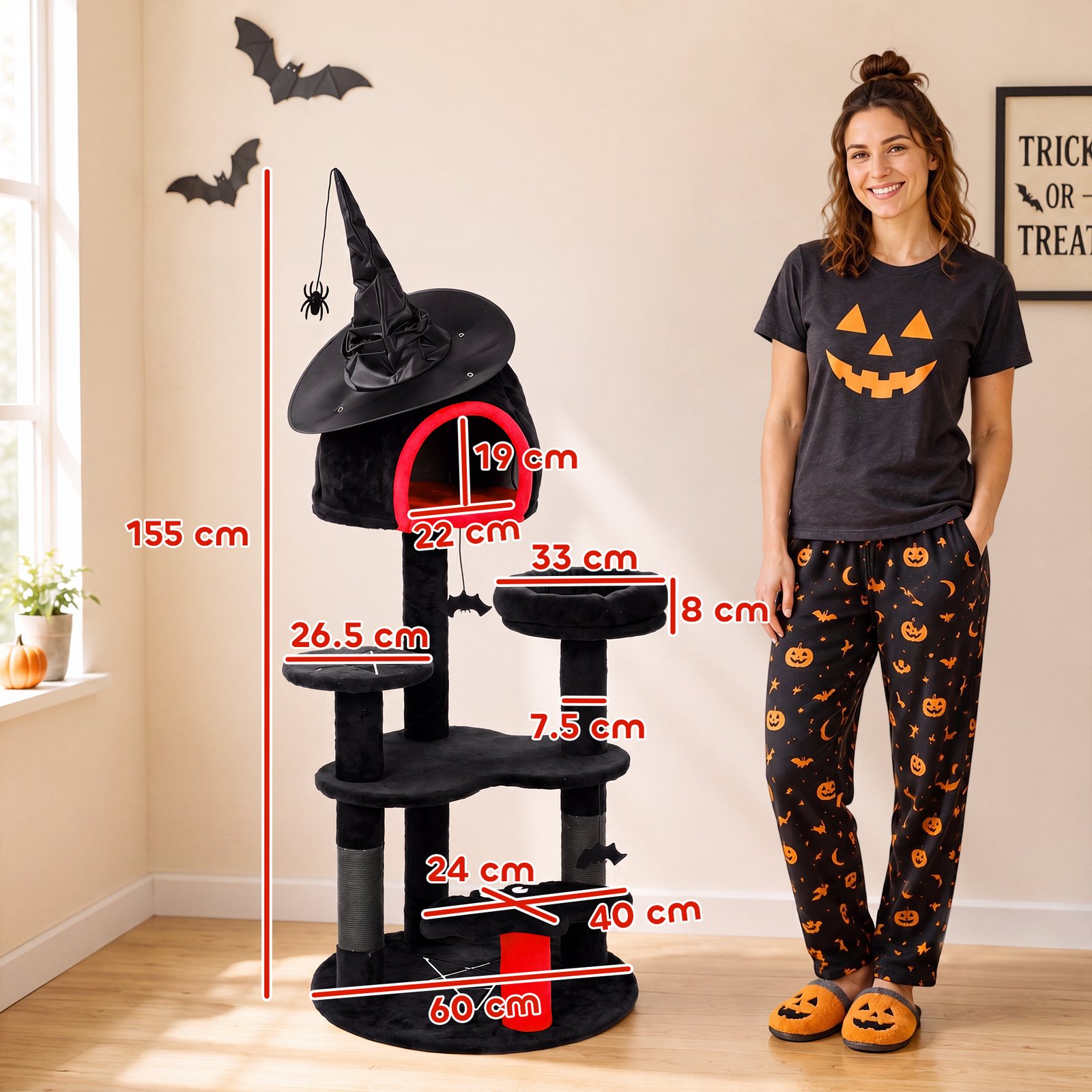 Gothic Cat Tree, 155cm Cat Tower for Indoor Kittens, Multi-Level Stable Kitten Activity Centre, Black, Halloween