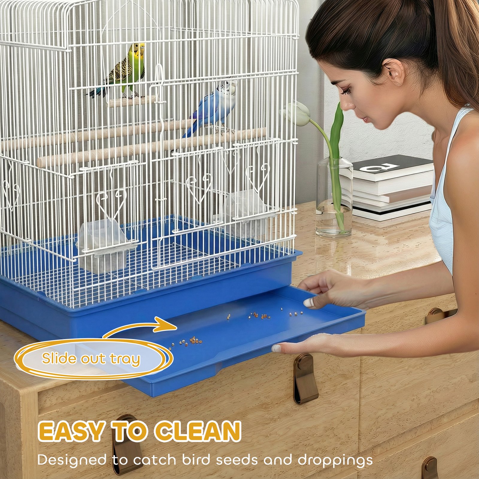 Large Metal Bird Cage with Perches, Food Bowls, Swing, for Budgies, Parakeets, Blue