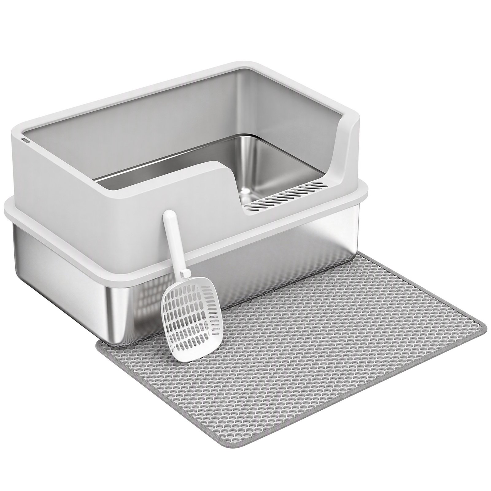 XL Stainless Steel Cat Litter Tray with Lid, High Sided Cat Litter Box with Scoop and Mat, Light Grey