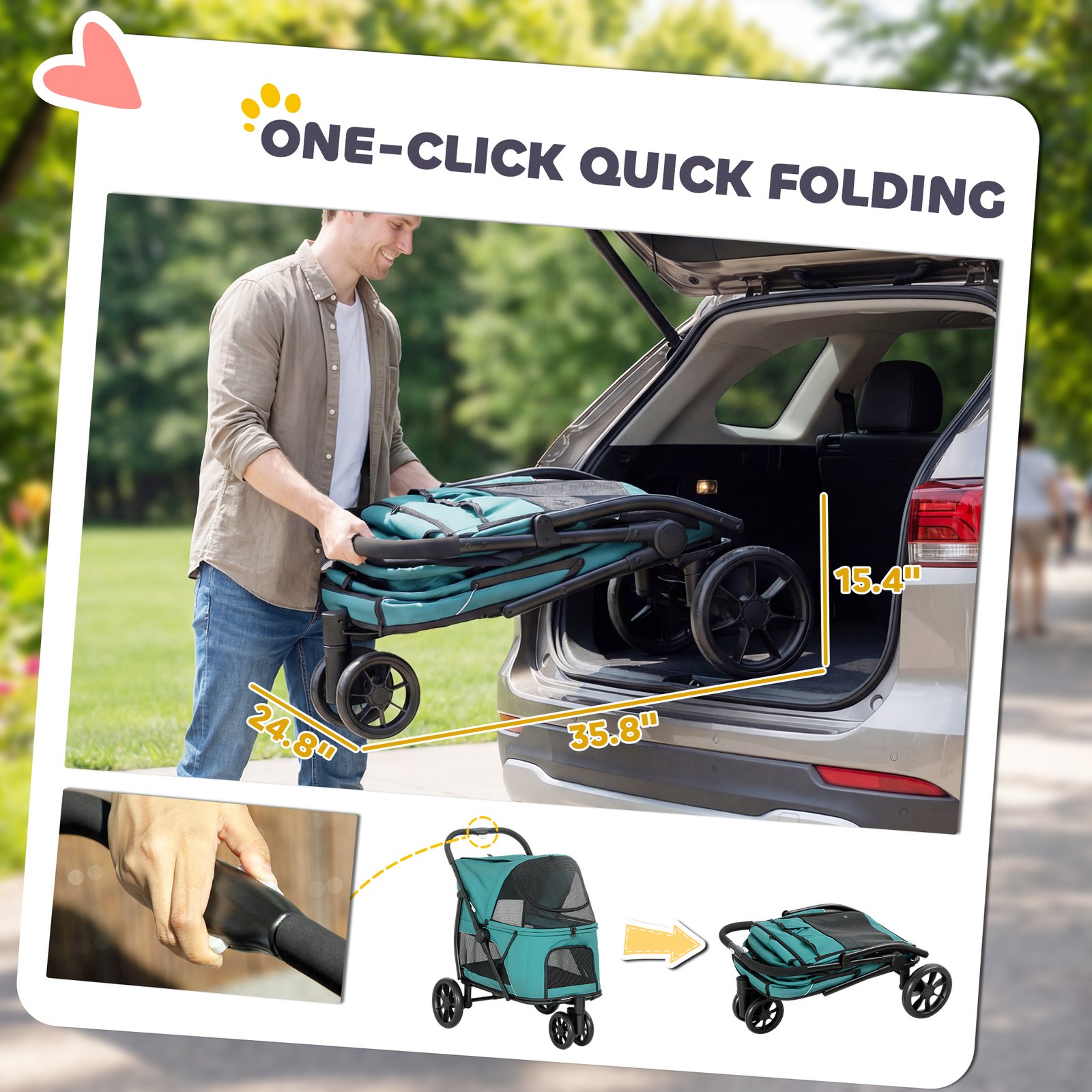Dog Stroller, 3 Wheels Pet Stroller with Dual Entry, Easy One-Click Quick Fold, Mesh Windows, Washable Cushion