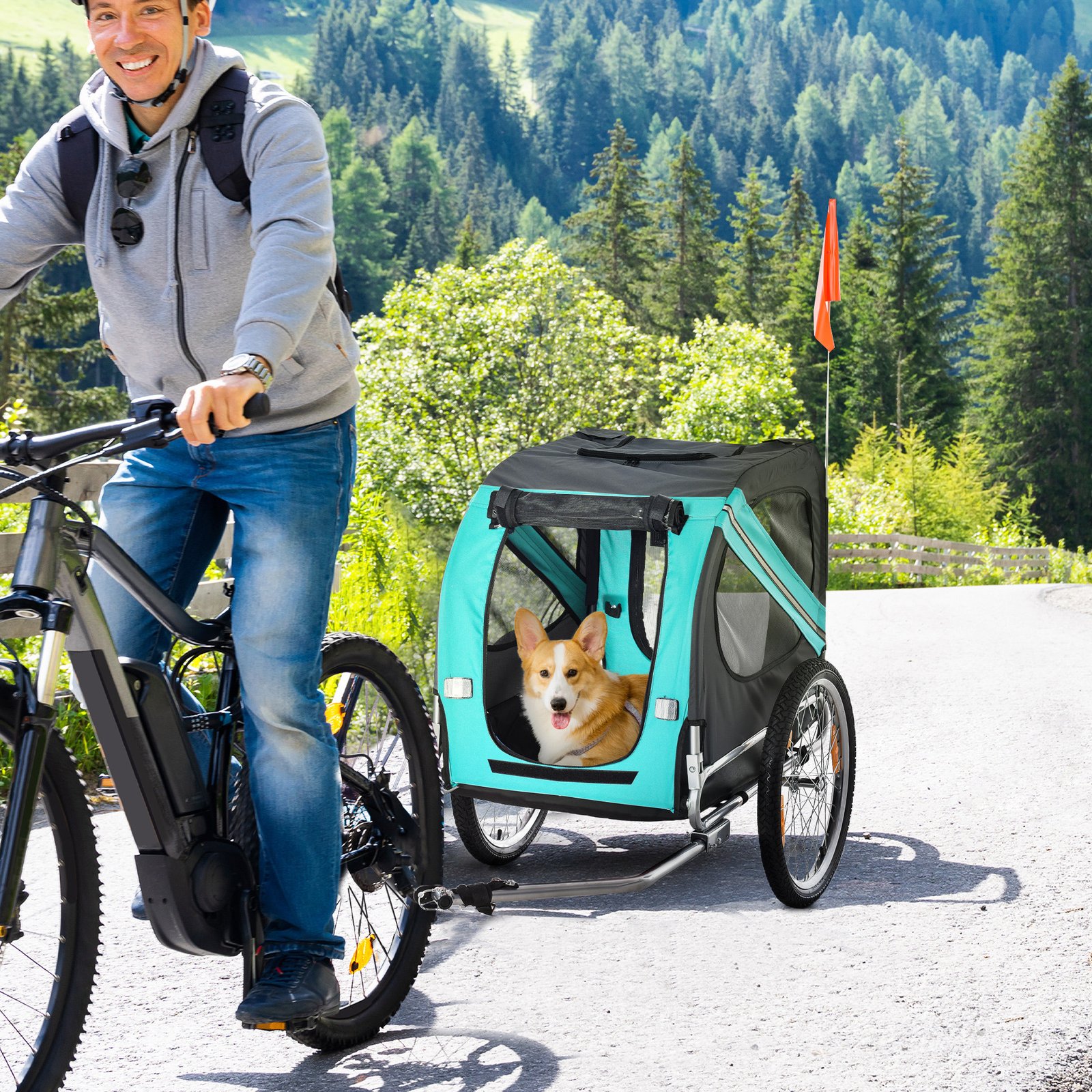 Folding Dog Bike Trailer Pet Cart Carrier for Bicycle Travel in Steel Frame with Hitch Coupler - Light Blue & Grey