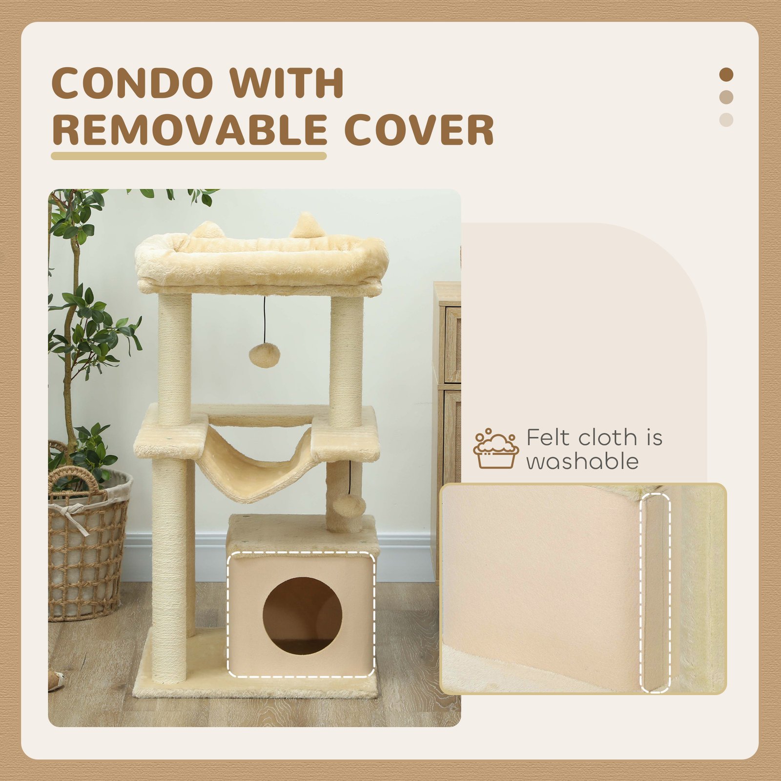 Cat Tree, 90cm Cat Tower with Sisal Scratching Posts, Cat Condo, Hammock, Top Perch and 2 Hanging Toys for Cats, Beige