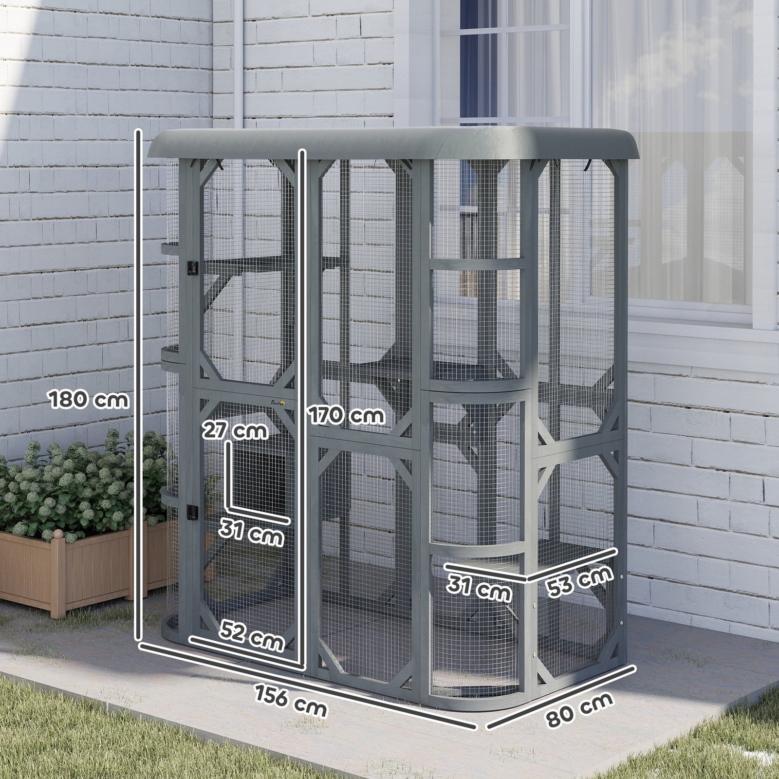 Catio Outdoor Cat Enclosure, Wooden Cat House with Platforms, Condo and Waterproof Cover for 2–3 Kittens, Grey