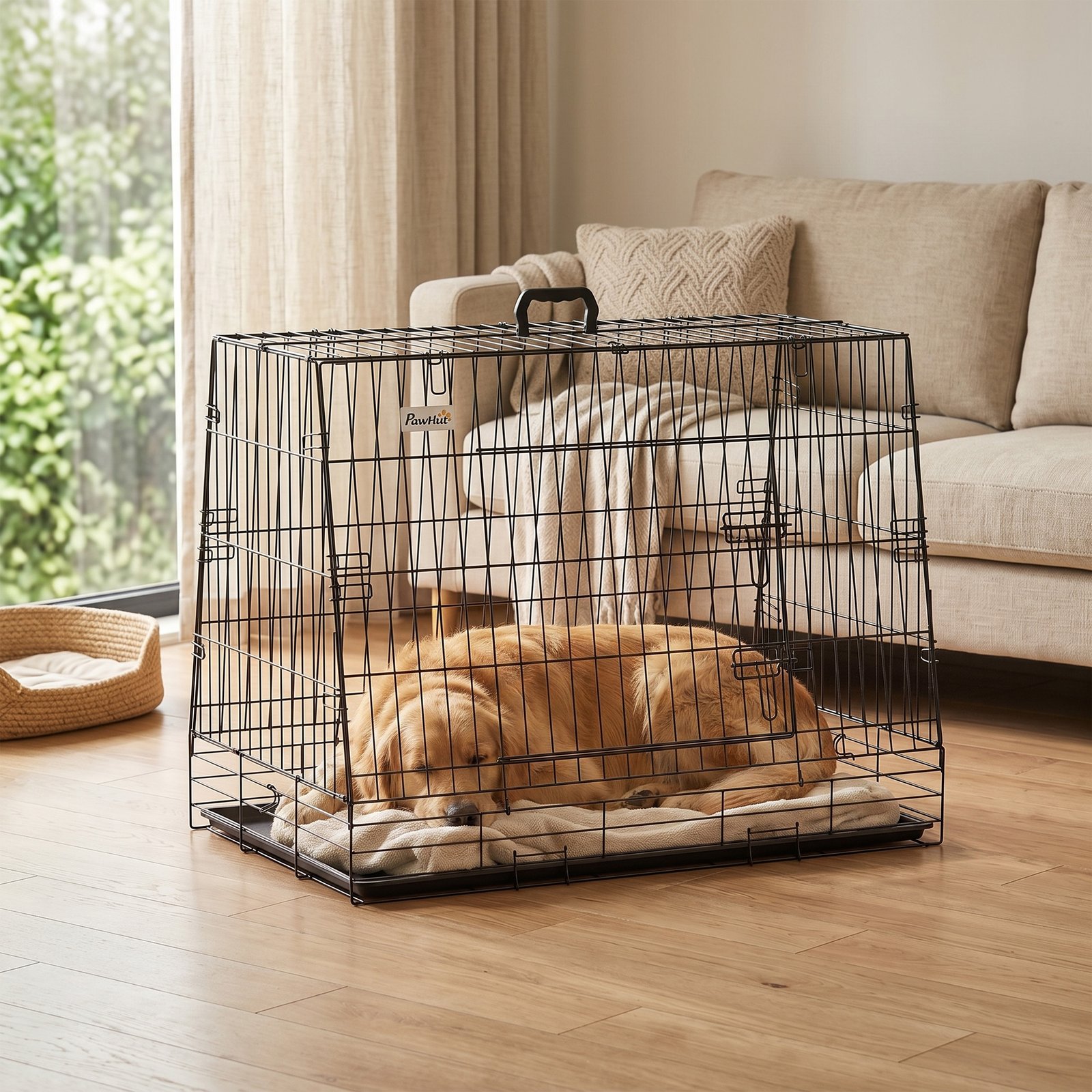 35"(90 cm) Car Dog Crate Medium Large Collapsible Slanted Travel Dog Cage with Tray for Car Boot